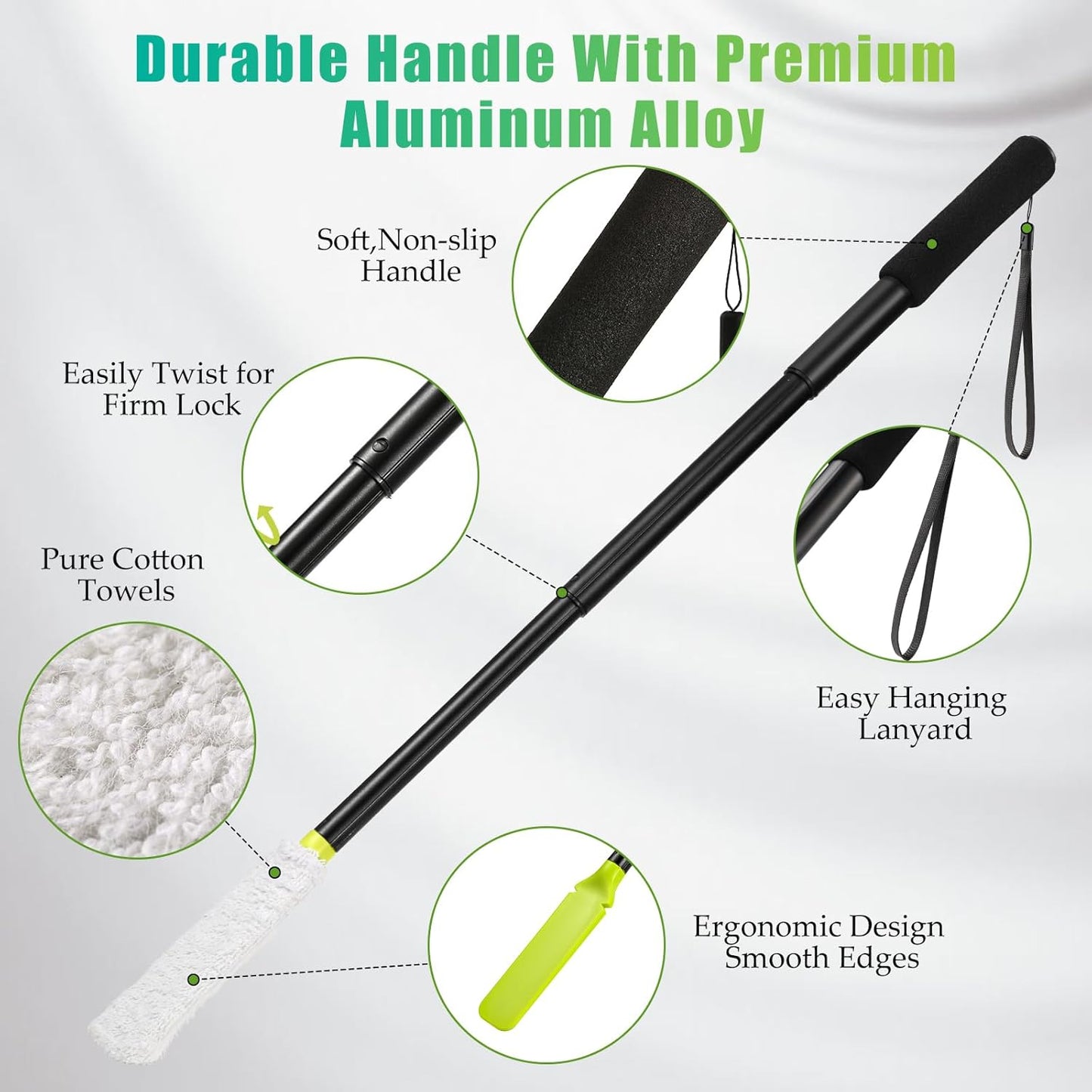 Toe Cleaning Brush,Foot Brush with Reusable Drying Covers.Foot Scrubber with Telescopic Aluminum Alloy 12"-24",Long- Handled Toe Lotion Applicator for Seniors,Elderly, Disabled Men and Women