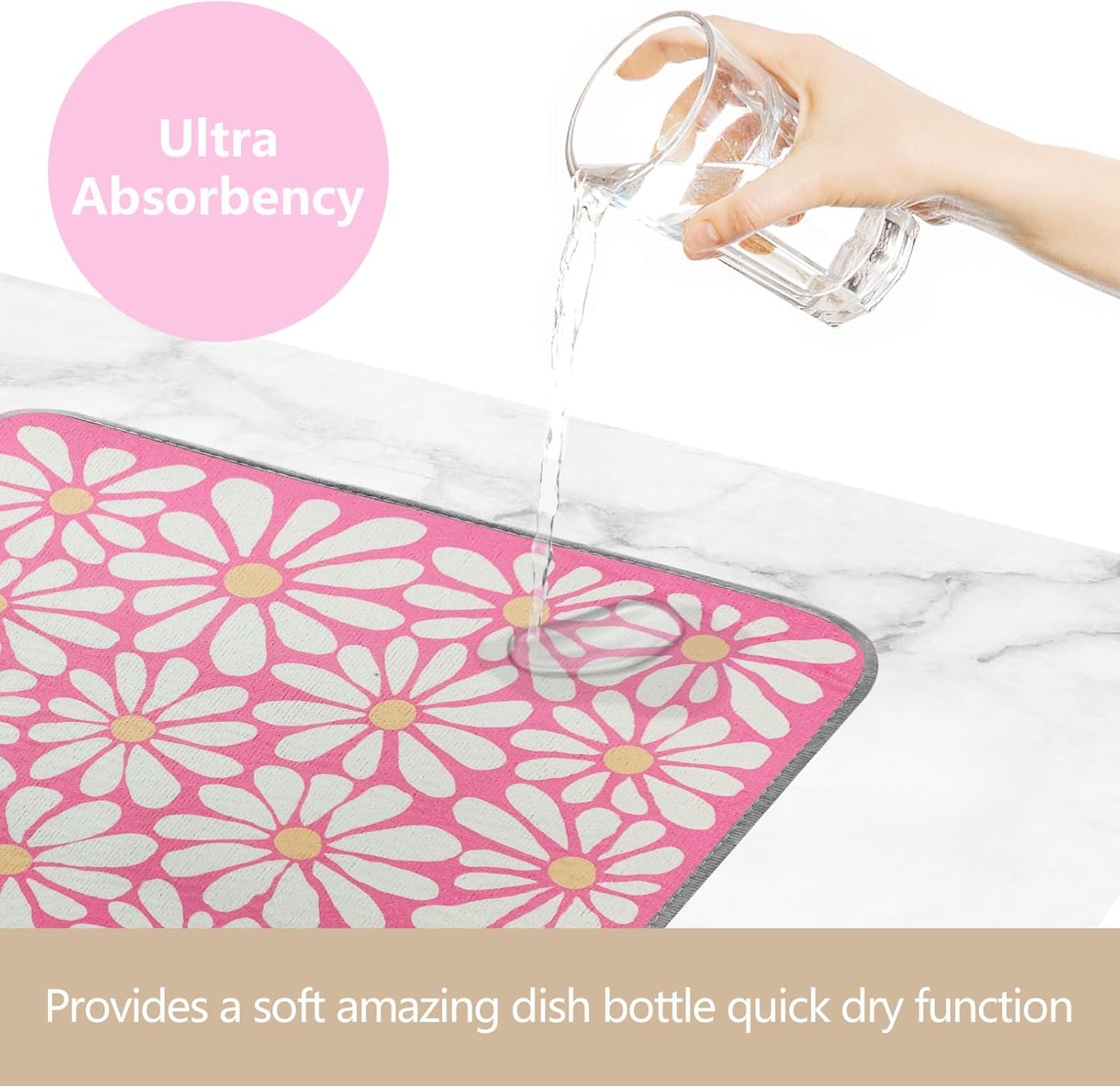 SHIYUE Dish Drying Mat for Kitchen Counter Super Absorbent Spring Kitchen Decor Microfiber Drying Matainers Rack Fast Pad Dish Drainer Mats(Pink Flower,18''x24'')