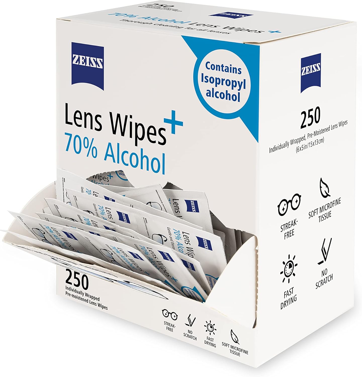 ZEISS Pre-Moistened Lens Cleaning Wipes with 70% Alcohol, 250 Count
