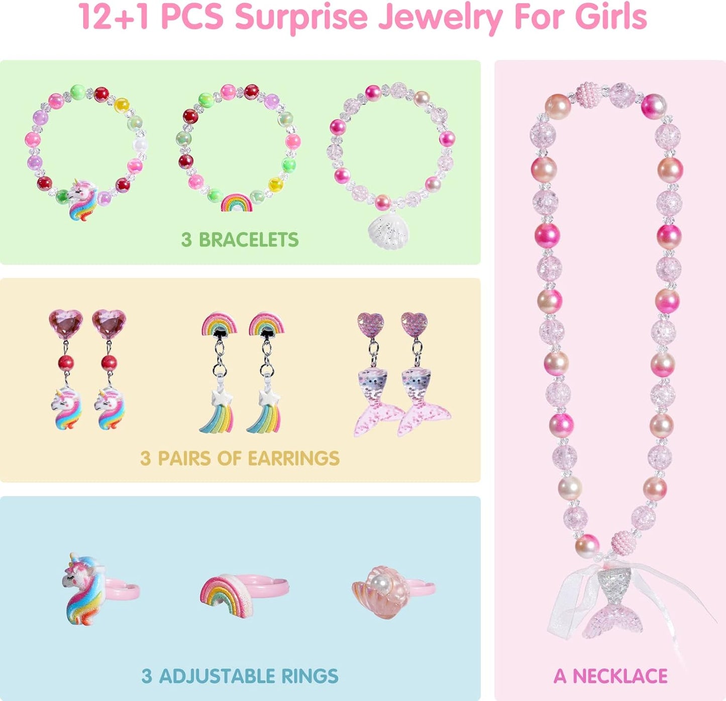 Unicorn Bath Bombs for Girls with Surprise Inside, 12+1 Pack Girls Kids Bath Bombs with Jewelry Toys Inside and Mermaid Necklace, Pink Princess Bath Bomb for Kids 3 4 Year Old Girl Birthday Gifts