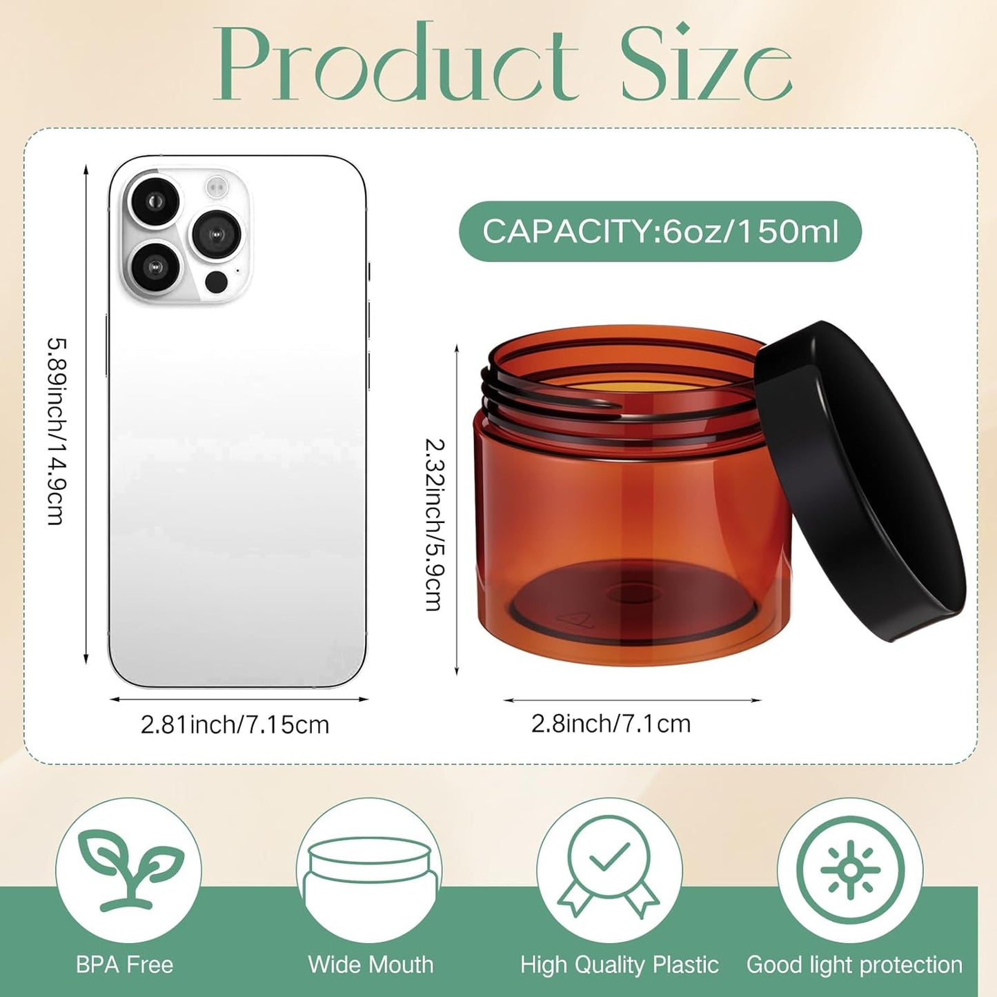 SATINIOR 100 Pcs Plastic Jars with Lids Small Containers Lids Wide Mouth Small Plastic Containers for Lotion Cream Rhinestones Body Butters Travel Storage(6 oz, Amber)