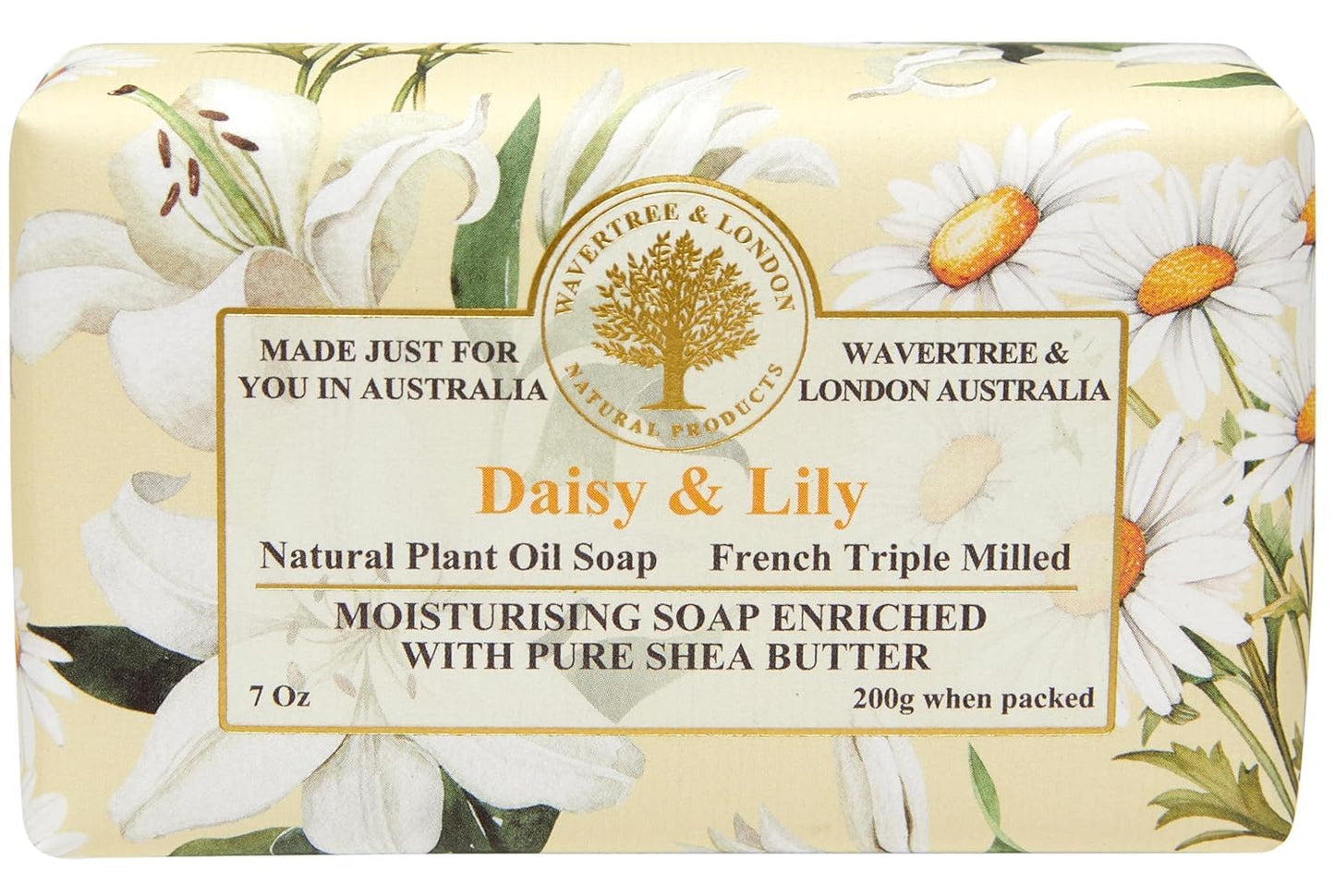Wavertree & London Daisy & Lily Scented Natural Soap Bar, 7oz Moisturizing French Triple Milled Soap Bar for Women & Men