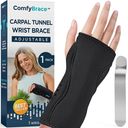ComfyBrace® Carpal Tunnel Wrist Brace - with Splint and Palm Cushion - (Adjustable and Fits Both Hands) - for Support, Carpal Tunnel, Tendonitis, Wrist Injury, and Pain (Pack of 1)