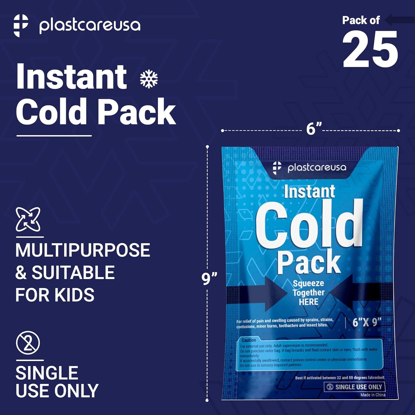 25 Pack 6" x 9" Disposable Ice Packs for Injuries, Swelling, Muscle & Joint Aches, Sprains & Abrasions - Easy to Use Disposable Cold Compress for Pain Relief - PlastCare USA Instant Cold Packs
