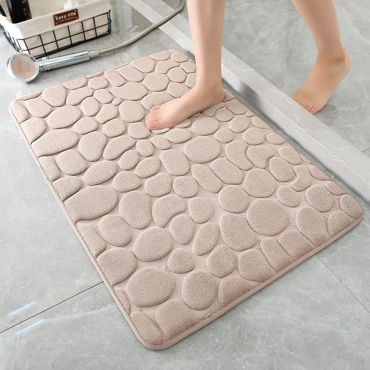 YIHOUSE Memory Foam Bath Mat Cobblestone Bathroom Rugs Super Water Absorbent Bath Mats for Bathroom Machine Washable Bath Rugs(17x24,Khaki)