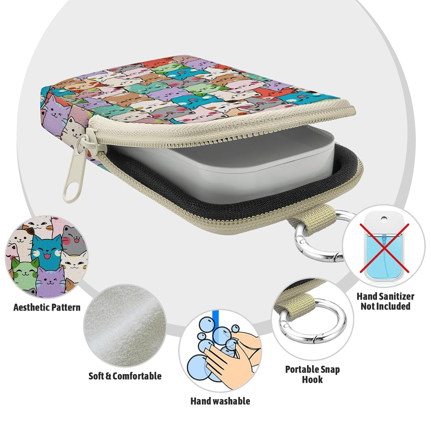 Cute Cat Hand Sanitizer Spray Case, Hand Sanitizer Holder Zippered Pouch, Fashion Accessory with Snap Hook for Glow Mist and Power Mist 1FL OZ