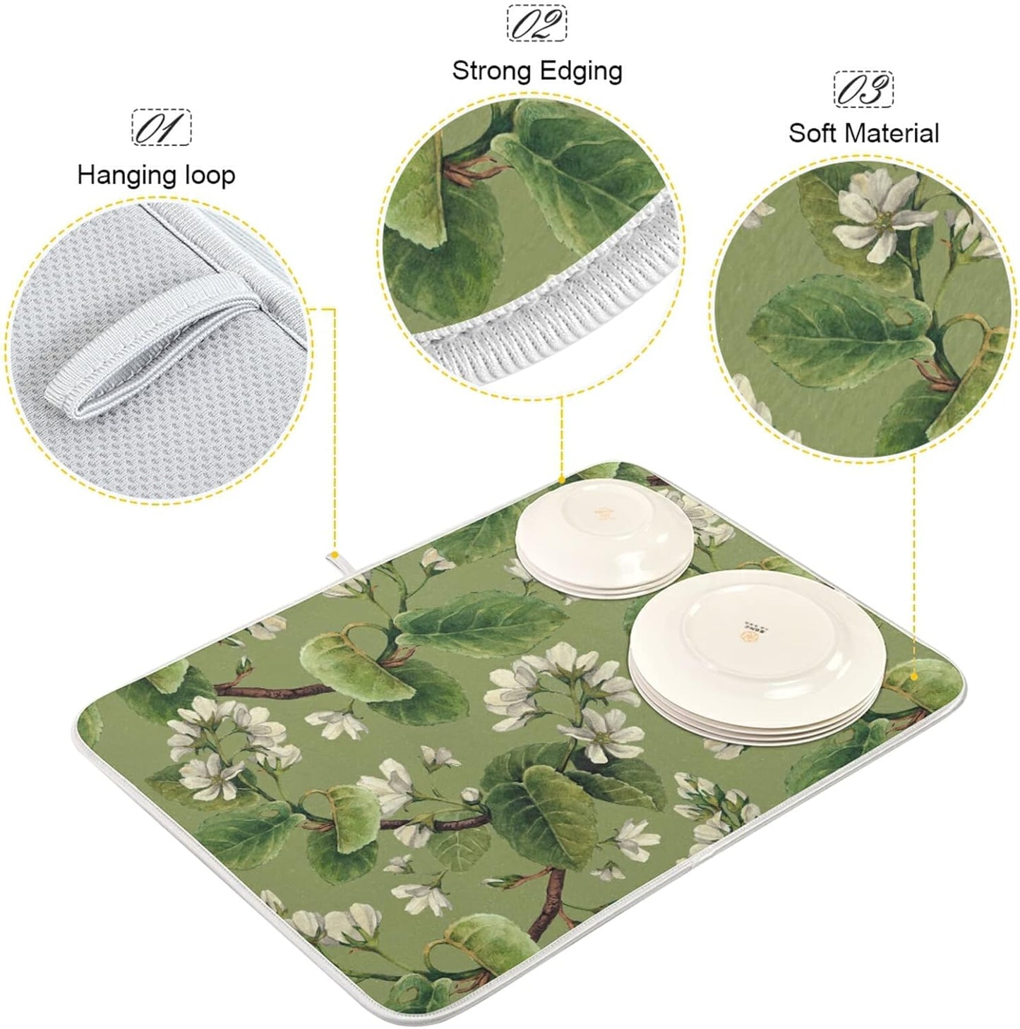 Dish Drying Mat for Kitchen Counter 18 x 16 Inch Vintage White Floral Green Leaves Microfiber Dish Mat Drying Pad Absorbent Dishes Pad Dish Drainer Rack Mats