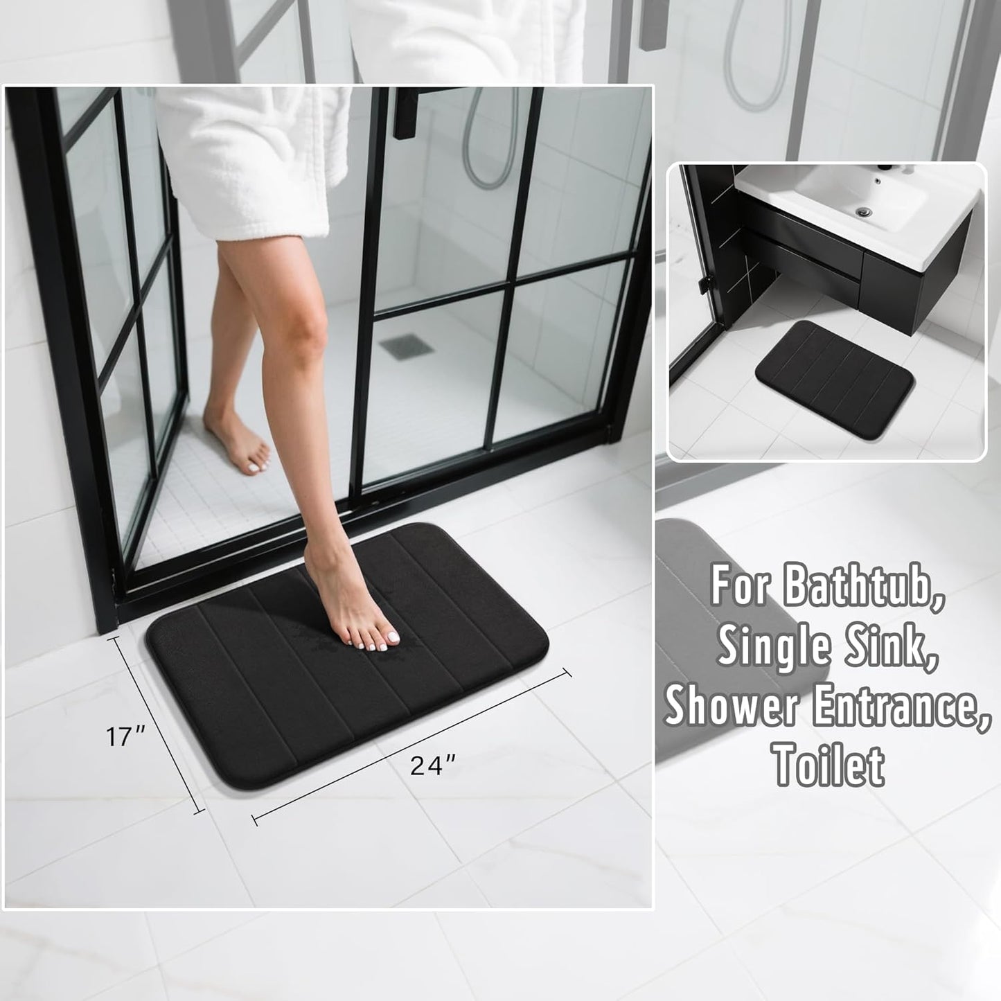 Yimobra Memory Foam Bath Mat, Super Soft Absorbent Bathroom Rug Non Slip 24x17 Inch, Quick Dry, Machine Washable Floor Carpet for Tub Shower, Home Decor Accessories, Black