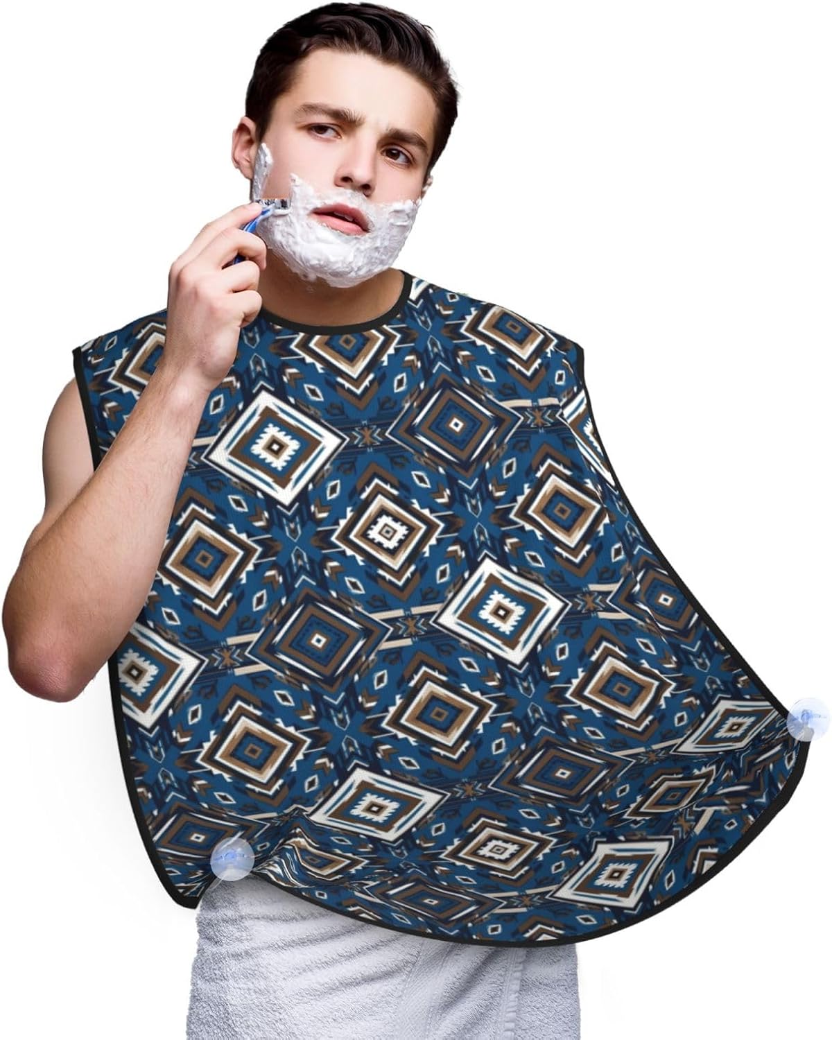 Beard Trimming Catcher Apron, Waterproof Non-Stick Grooming Bib for Shaving, Ideal for Men Dad Father’s Day, Blue Geometric Tribal Navajo Aztec Ethnic Shave Bib