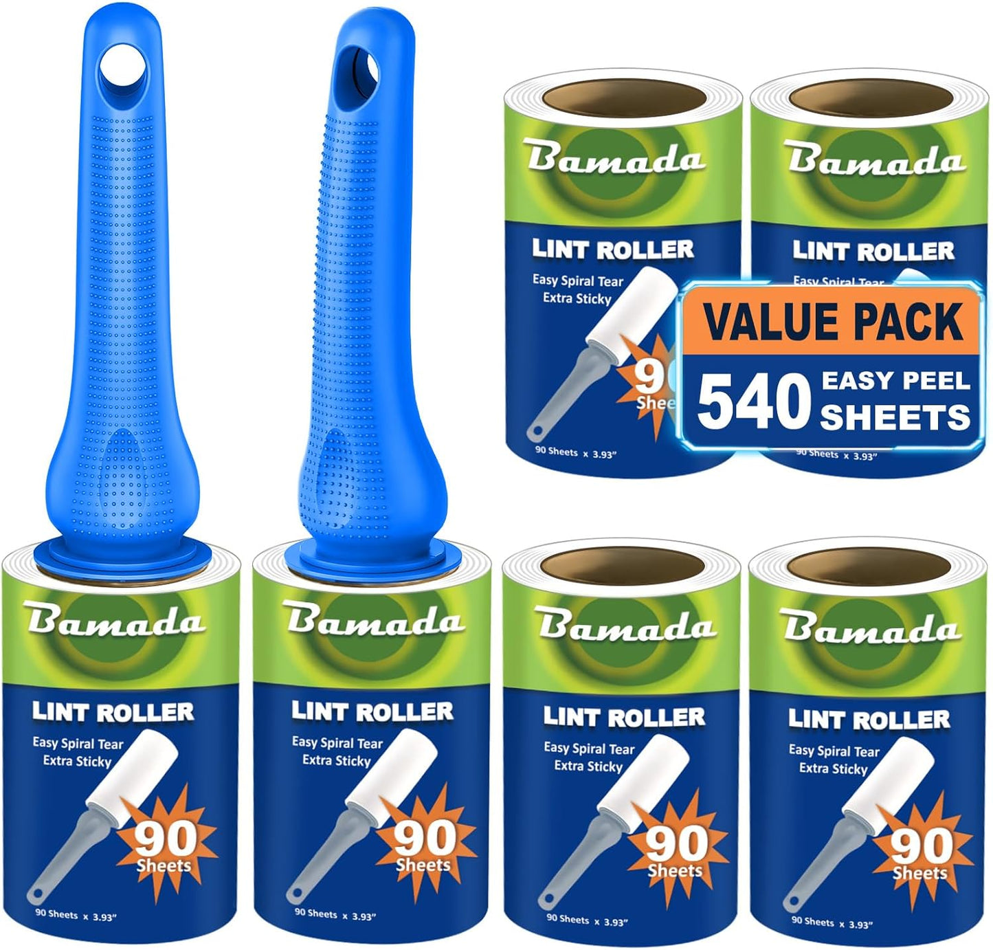 Sticky Lint Roller for Pet Hair: Lint Remover for Dog Cat Hair Mega Value Set 540 Sheets 2 Handles+6 Rollers Fur Removal for Clothes Couch Furniture