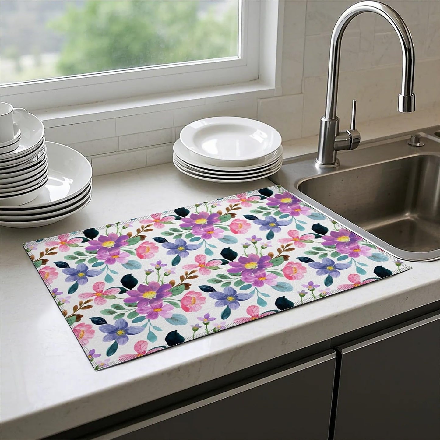 Dish Drying Mat For Kitchen Counter, Colorful Summer Pansy Flowers Microfiber Absorbent Dish Drainer Rack Pad Reusable Large 18x24in Drying Mat
