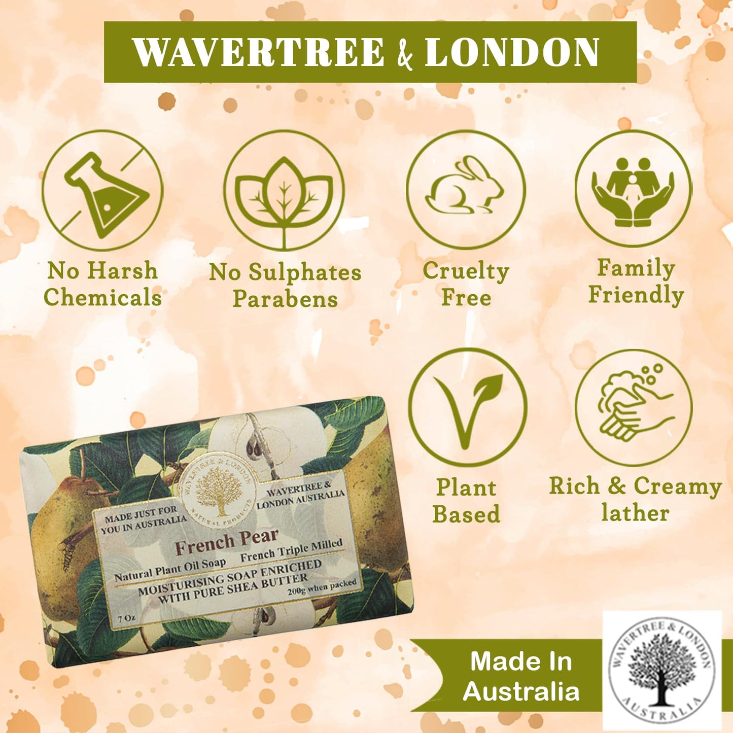 Wavertree & London French Pear Scented Natural Soap (8 Bars), 7oz Moisturizing French Triple Milled Soap Bars enriched with shea butter - Pure Plant Oil Bath & Body Bars for All Skin Types