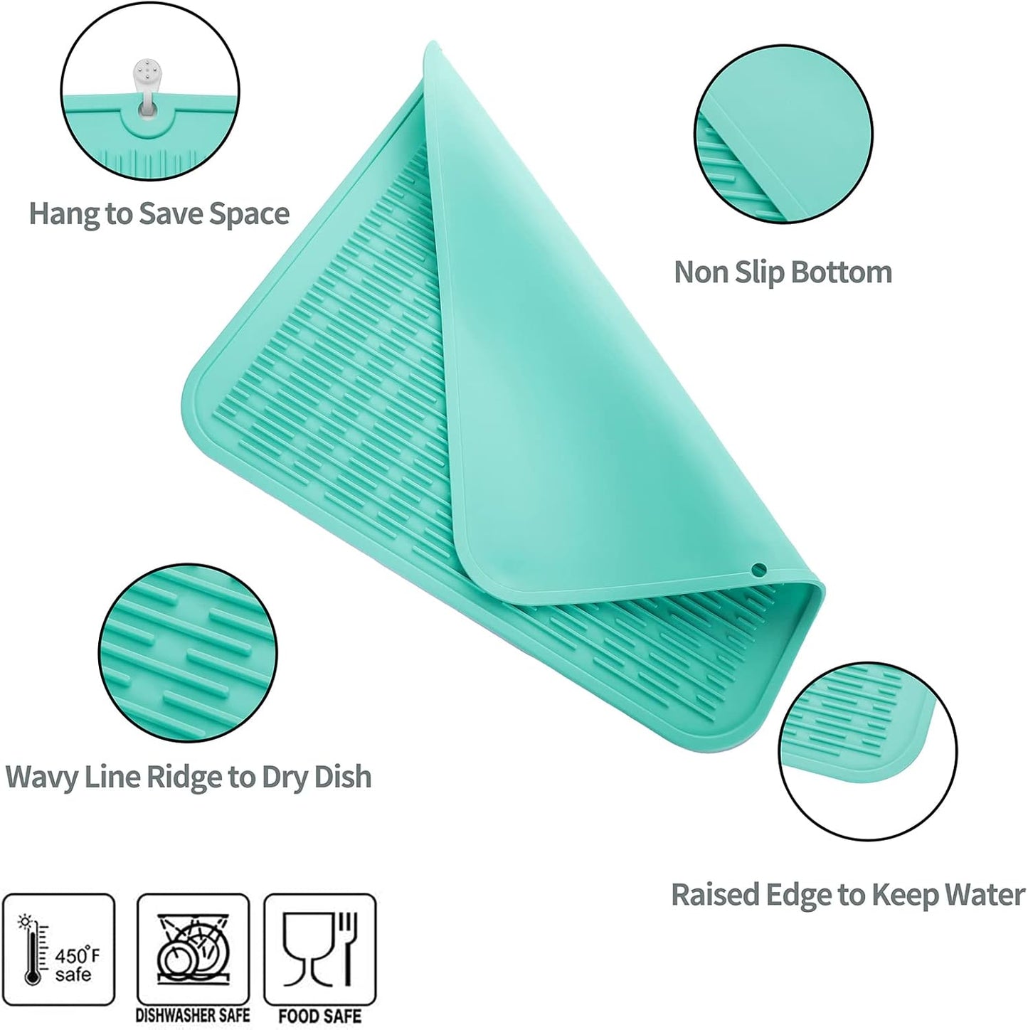 Silicone Dish Drying Mat for Multiple Usage,Easy clean,Eco-friendly,Heat-resistant Silicone Mat for Kitchen Counter or Sink,Refrigerator or Drawer Liner Mint 2XL 24 inches x 18 inches