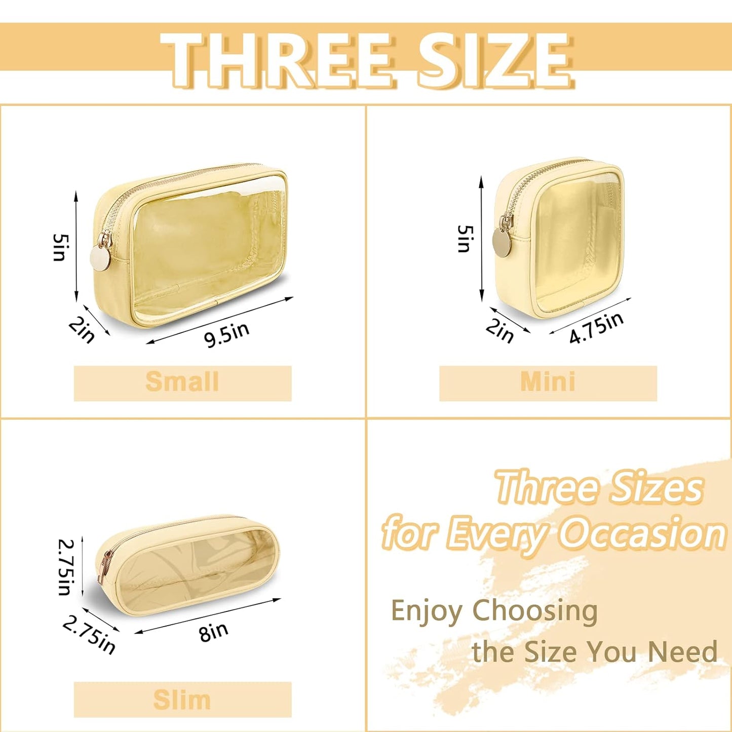 Clear Small Makeup Bag with Zipper, Nylon&PVC Cosmetic Travel Bag Preppy TSA Approved Toiletry Bag for Women Girls, Transparent Waterproof Makeup Pouches Cute Travel Bag for Purse(Small-Beige)