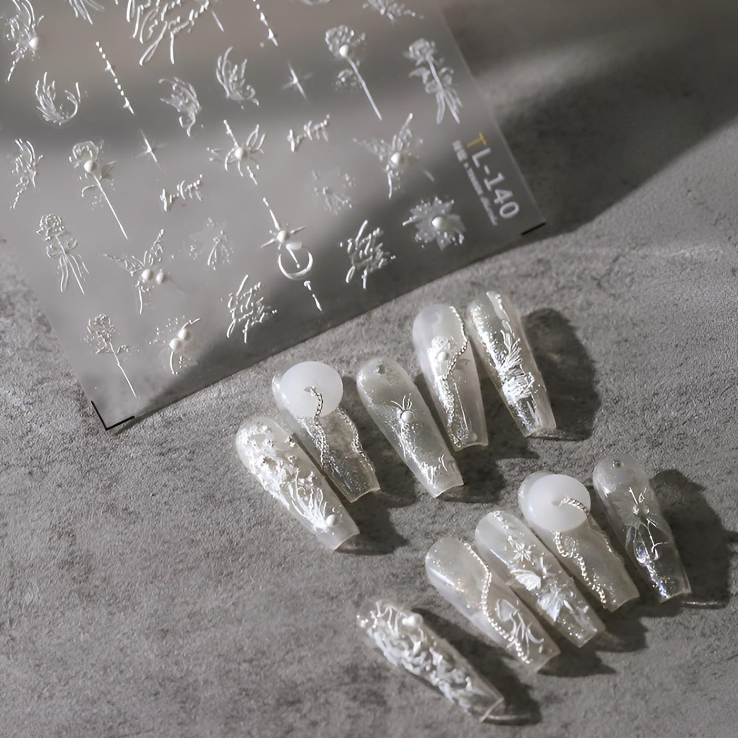 5D Embossed White Butterfly Flower Nail Stickers for Nail Art White Moon Star Nail Art Stickers White Nail Decals with Pearl Design Spring Summer Nail Supplies for Women Girls