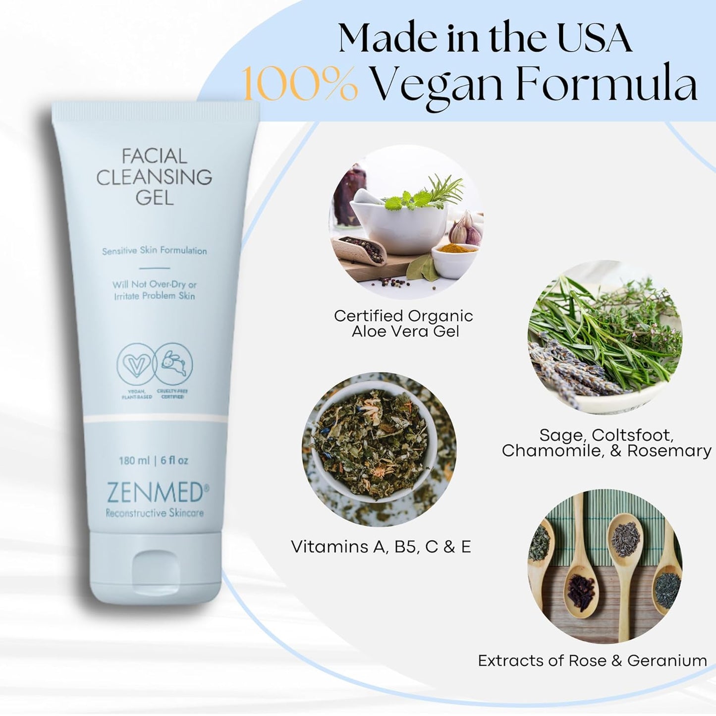 ZENMED Facial Cleansing Gel 6 oz for Women and Men - All-in-One Cleanser Face Wash | Hydrating Cleanser & Gel for Sensitive Skin | Natural, Organic Facial Wash - USA Made