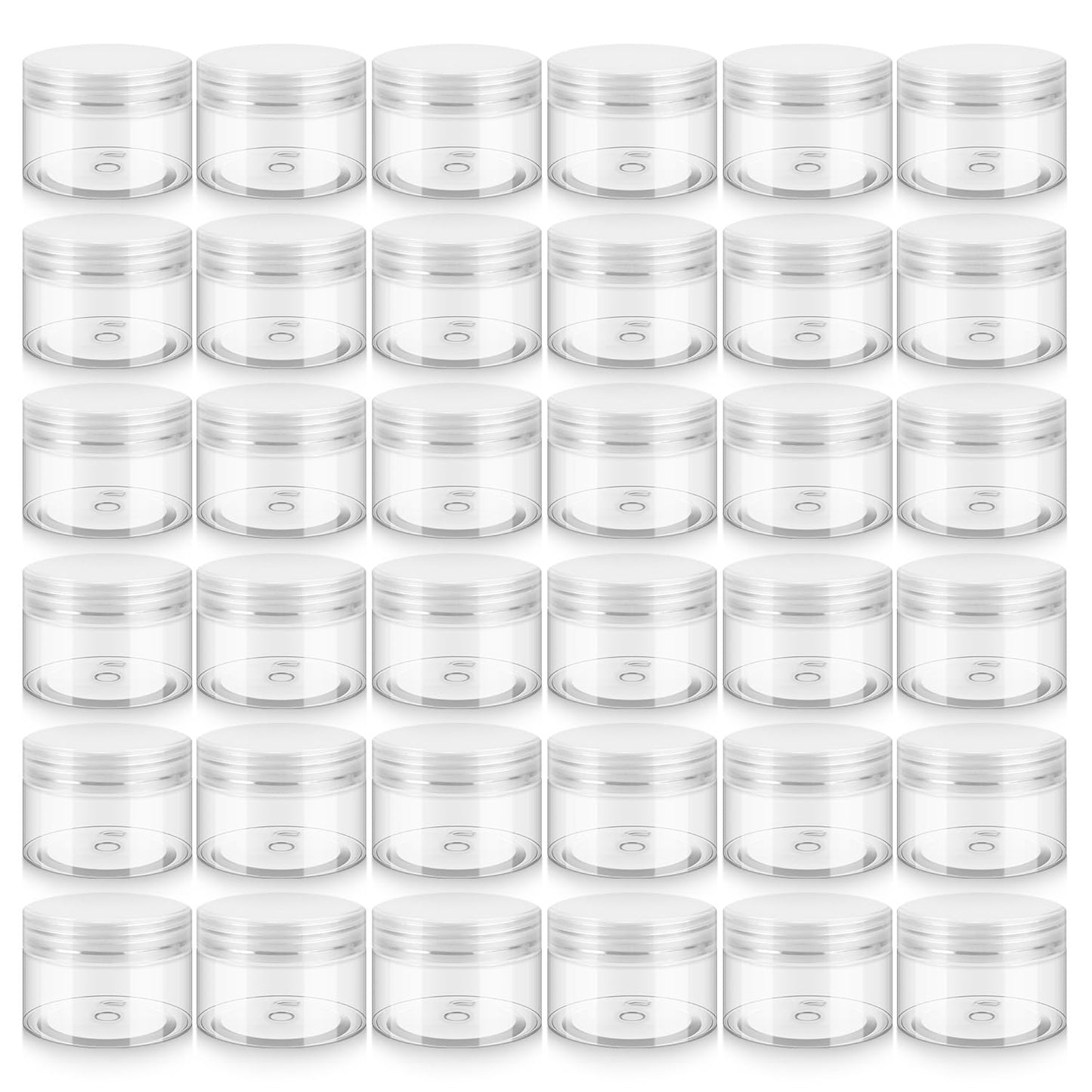 36 Pack 1 OZ Plastic Jars with Lids, BPA Free, Reusable, Refillable Transparent Cosmetic Containers for Bath Salts, Cosmetics, Powders, Beauty Product and Small Accessories, White