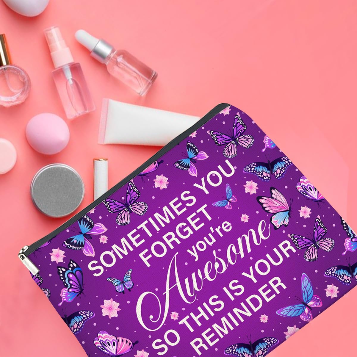 Purple Butterfly Makeup Bag Gifts for Women Purple Butterflies You're Awesome This Is Your Reminder Cosmetic Bag Zipper Pouch Travel