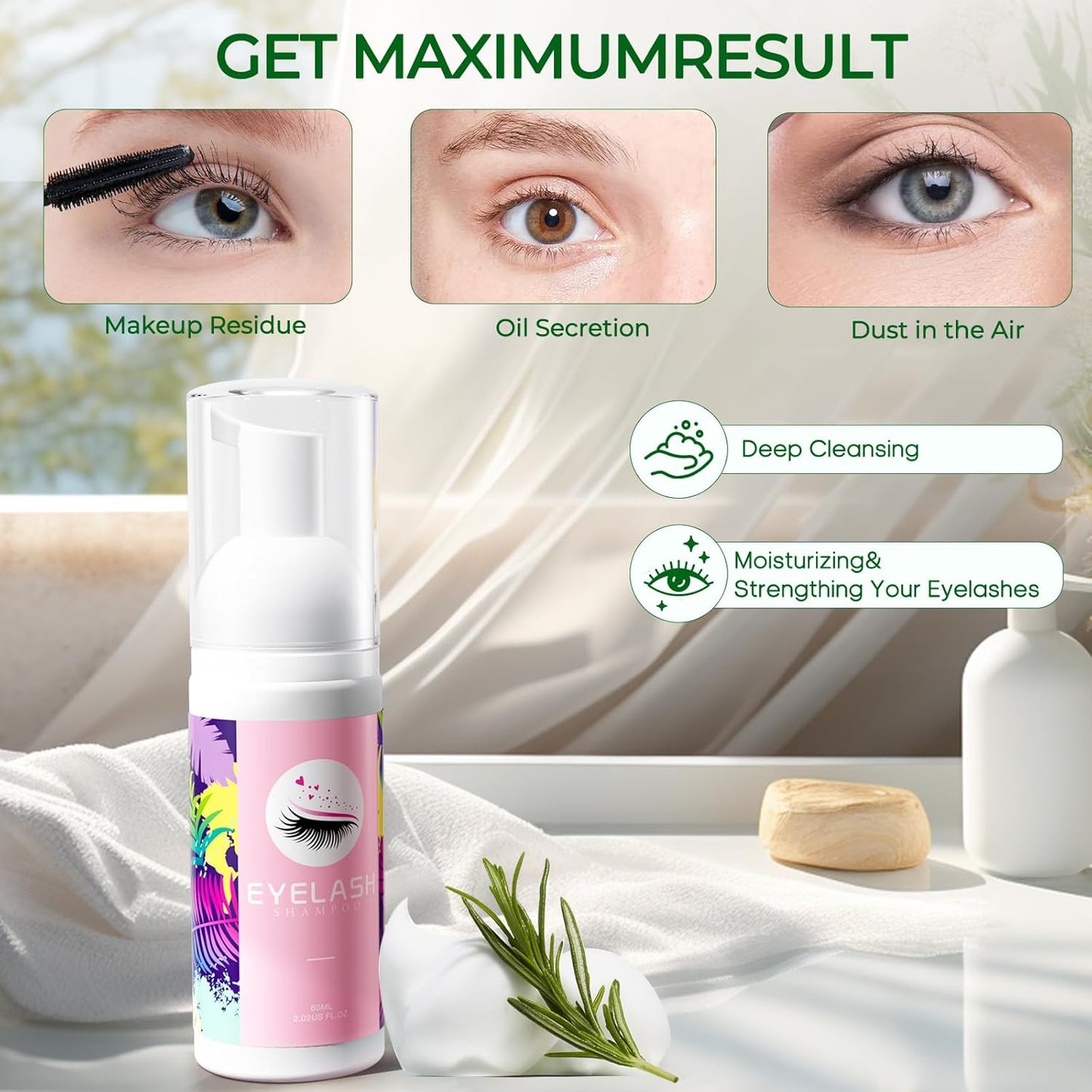 Buqikma Lash Shampoo Kit - Eyelash Extension Cleanser for Extensions 60ML with Rechargeable Handheld Lash Fan Dryer Mascara Brush Rinse Bottle Makeup Cleansing Foam for Lash Care