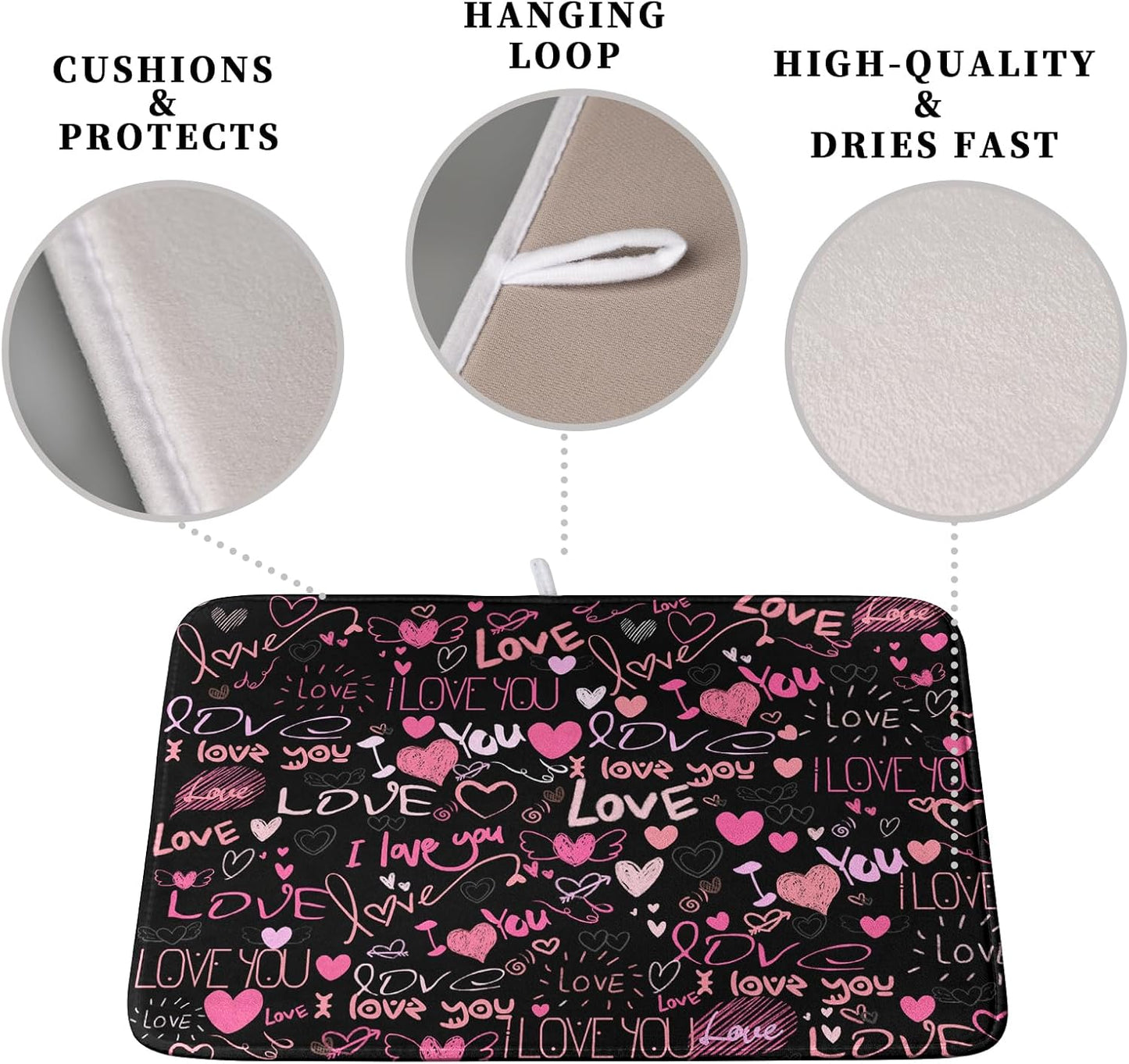 Mother's Day Dish Drying Mat for Kitchen Counter Love Heart Black Drying Mats Absorbent Reversible Microfiber Dish Pad Washable Dish Draining Mat Extra Large 16x18 inch