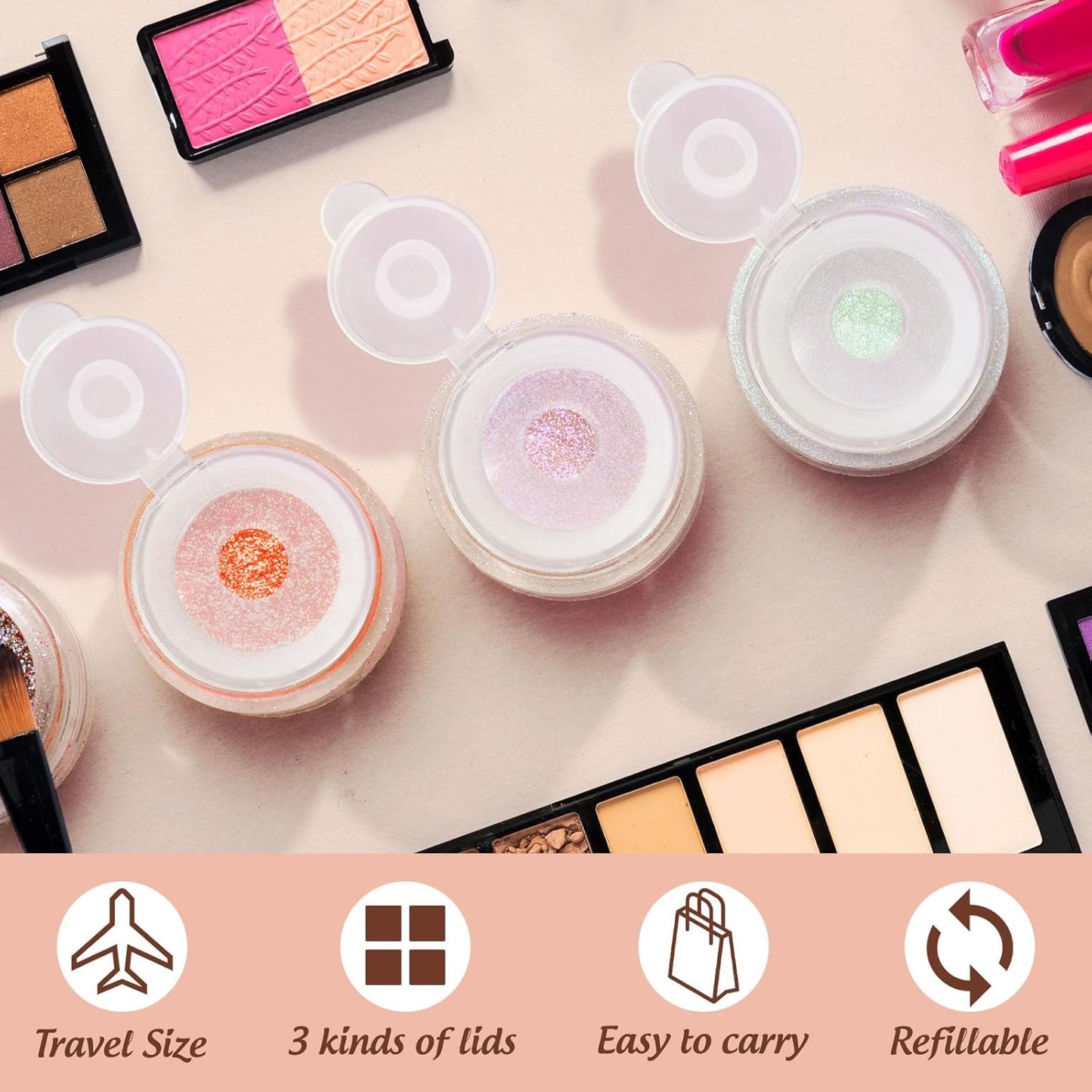 RAYNAG 6 Pieces Mini Empty Loose Powder Bottle, Travel Size Glitter Containers Eye Shadow Powder Shaker Bottle with Sifter and Lids (Single hole)