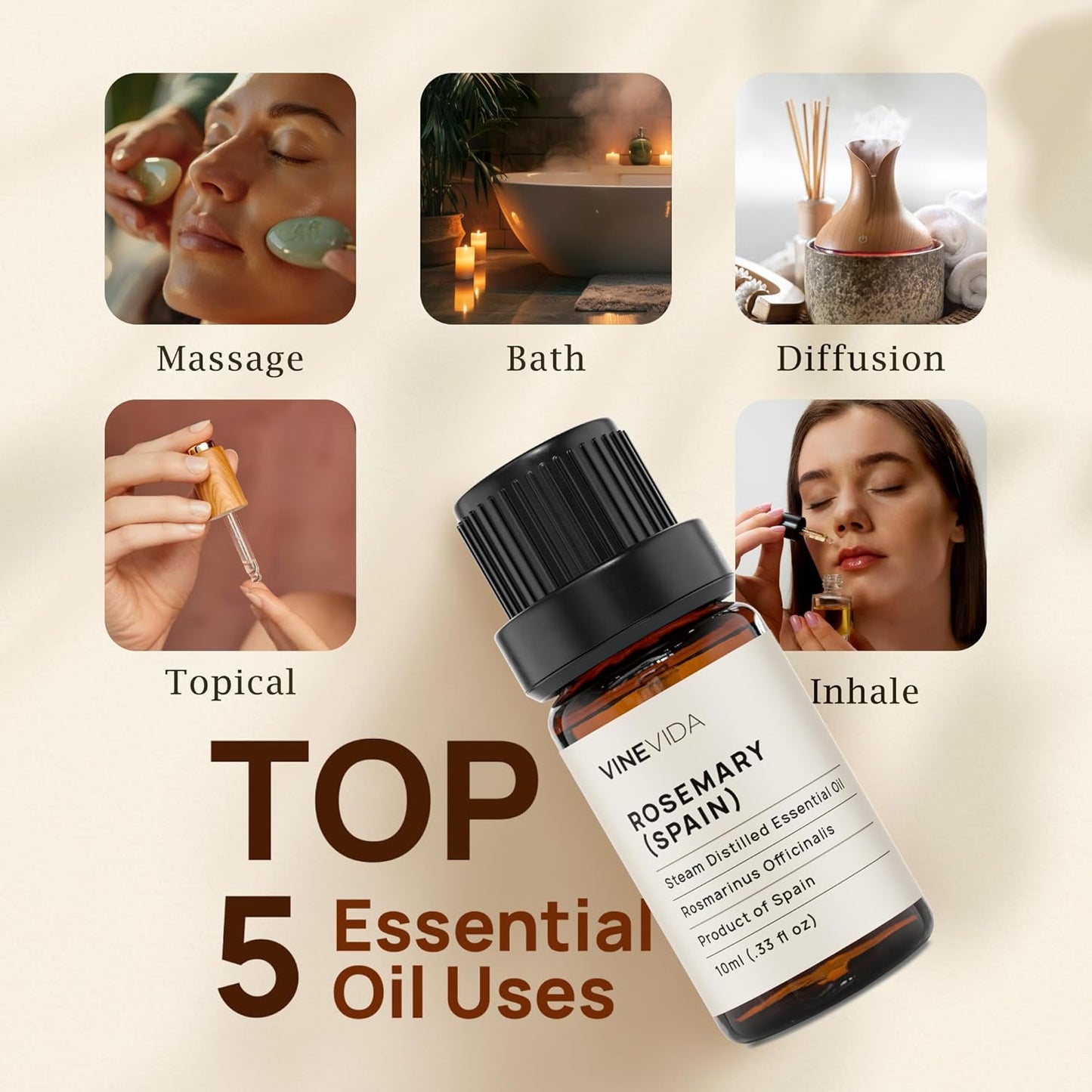 VINEVIDA Rosemary Spain Essential Oil 10 mL - Undiluted Rosemary Spain Oil 10 mL - Rosemary Spain - DIY Candle Scents for Candlemaking - 10 mL Essential Oil for Soap Making (4OZV-OBP-ROS-SPA-10ML)