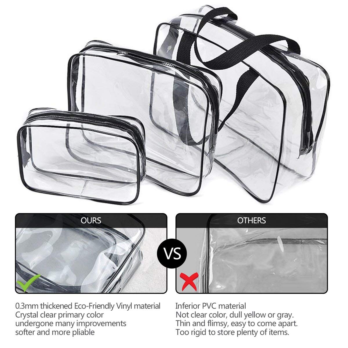 4Pcs Crystal Clear PVC Travel Toiletry Bag Kit for Women Men, Waterproof Vinyl Packing Organizer Storage Bags with Zipper Handle Straps, Cosmetic Pouch Carry on Airport Airline Compliant Bag Handbag