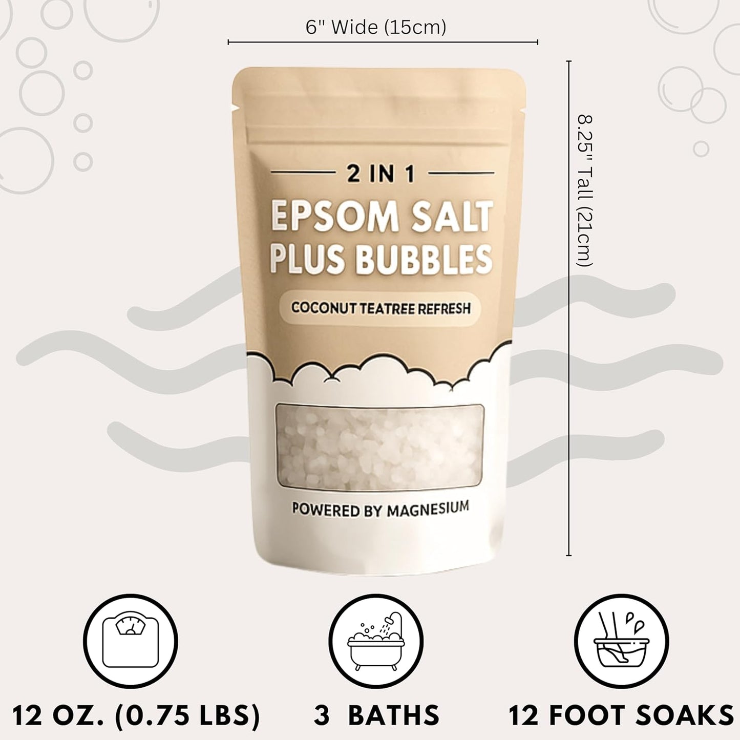 Epsom Salt Plus Bubbles – Coconut & Teatree Scented Foaming Bath Soak – Magnesium Sulfate for Muscle Recovery, Stress Relief & Relaxation – Great for Aromatherapy – 12 oz