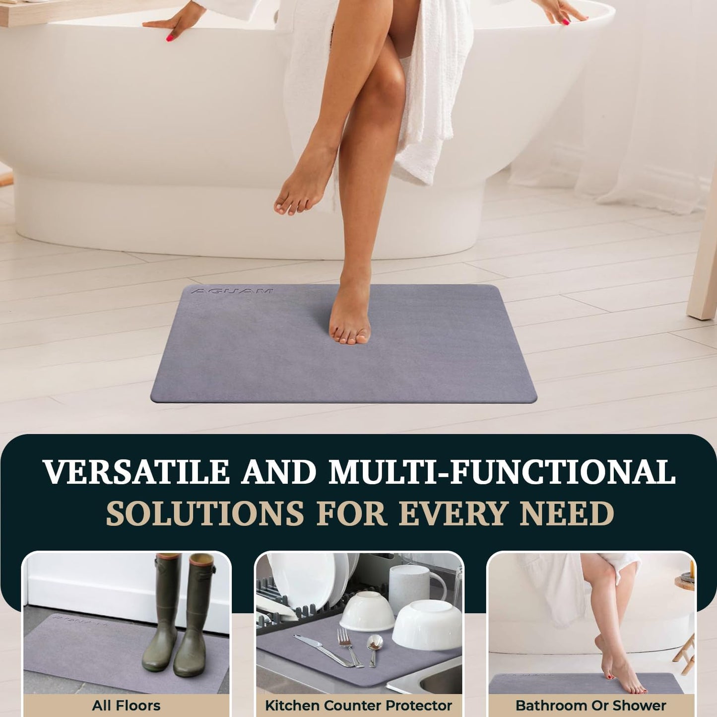 28" x 18" Diatomaceous Earth Shower Non Slip Stone Bath Mat | Quick Dry Super Absorbent Large Mats for Kitchen | Anti-Slip Fast Drying Water Absorbing Stone Bath Mats for Bathroom | Solid Gray