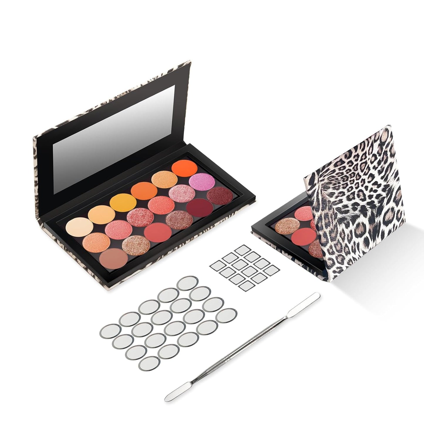 2 Packs Leopard Magnetic Makeup Palette Empty with Spatula and Metal Stickers, 18-pan and 9-pan Empty Eyeshadow Palette for Travel, DIY