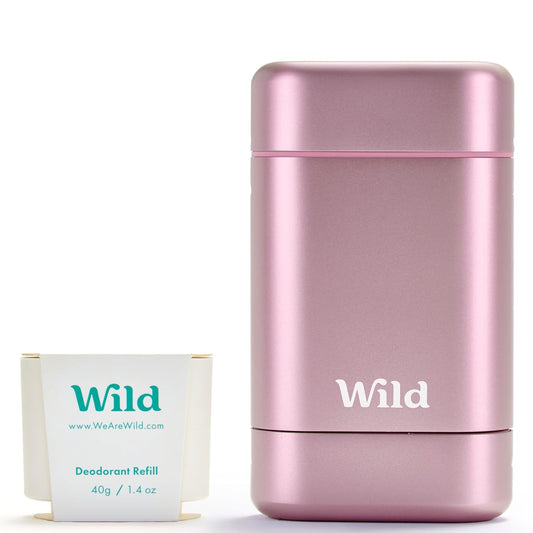 Wild - Refillable Deodorant Starter Kit with Pink Case and Fresh Cotton & Sea Salt Scented Refill 1.4oz - Aluminum Free - Long Lasting Protection - Vegan