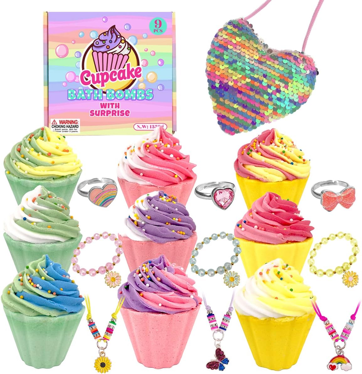 9 Pack Cupcake Bath Bombs for Kids with Surprise Inside, Kids Bath Bombs with Jewelry Inside for Kids Girls, Super Large Kids Bath Bombs for Children…