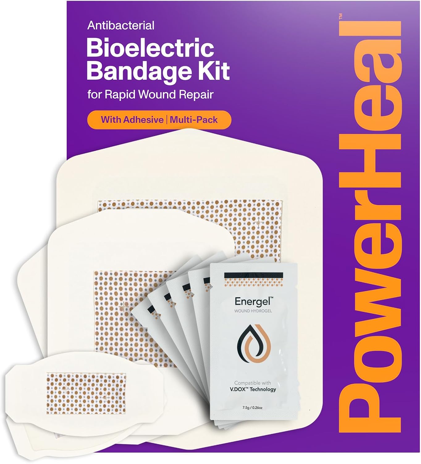 PowerHeal Bioelectric Bandage Kit for Wound Care & Fast Healing – 3-Layers w/Bioelectric Pad, Absorbent Pad, Adhesive + Wound Hydrogel – for Cuts, Abrasions, Blisters, Burns – Mult-Size 5-Pack