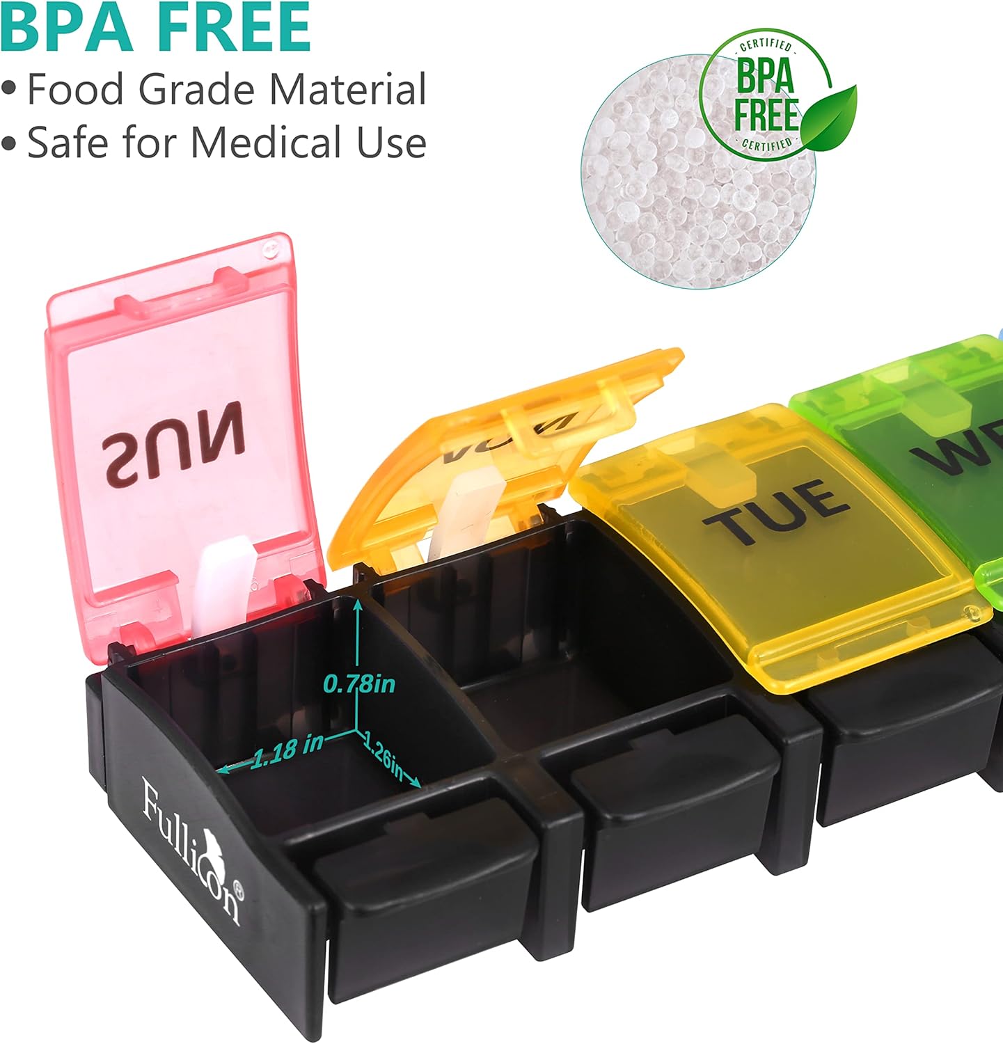 Fullicon Weekly Pill Box Organizer, 7 Day Tablet Boxes for Vitamins and Supplements, Easy to Open Large Medicine Box, Portable Medication Organizer for Travel