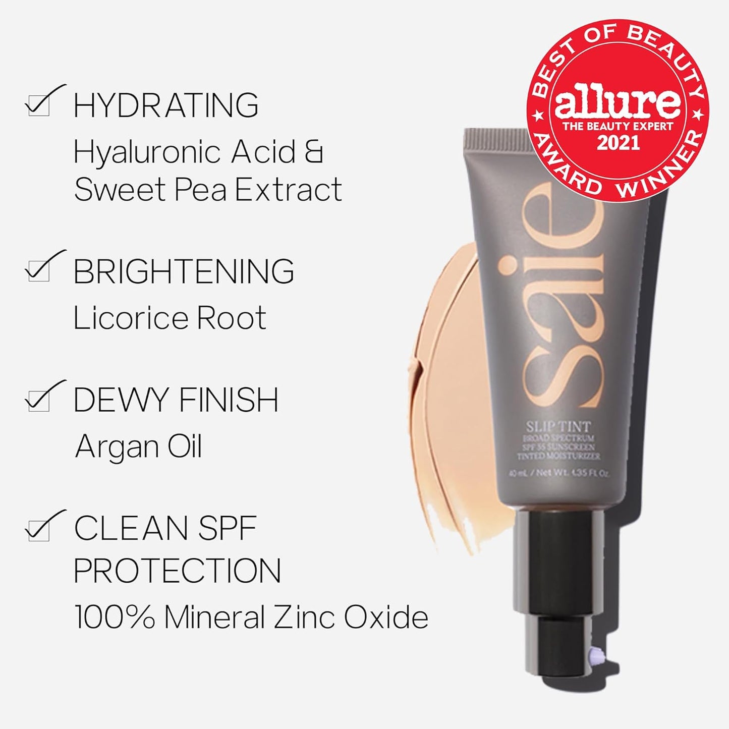 Saie Slip Tint SPF 35 Tinted Moisturizer - Light Coverage Moisturizer + Broad Spectrum Zinc Oxide Sunscreen with Hydrating Hyaluronic Acid - Shade Five + Half (1.35 oz)