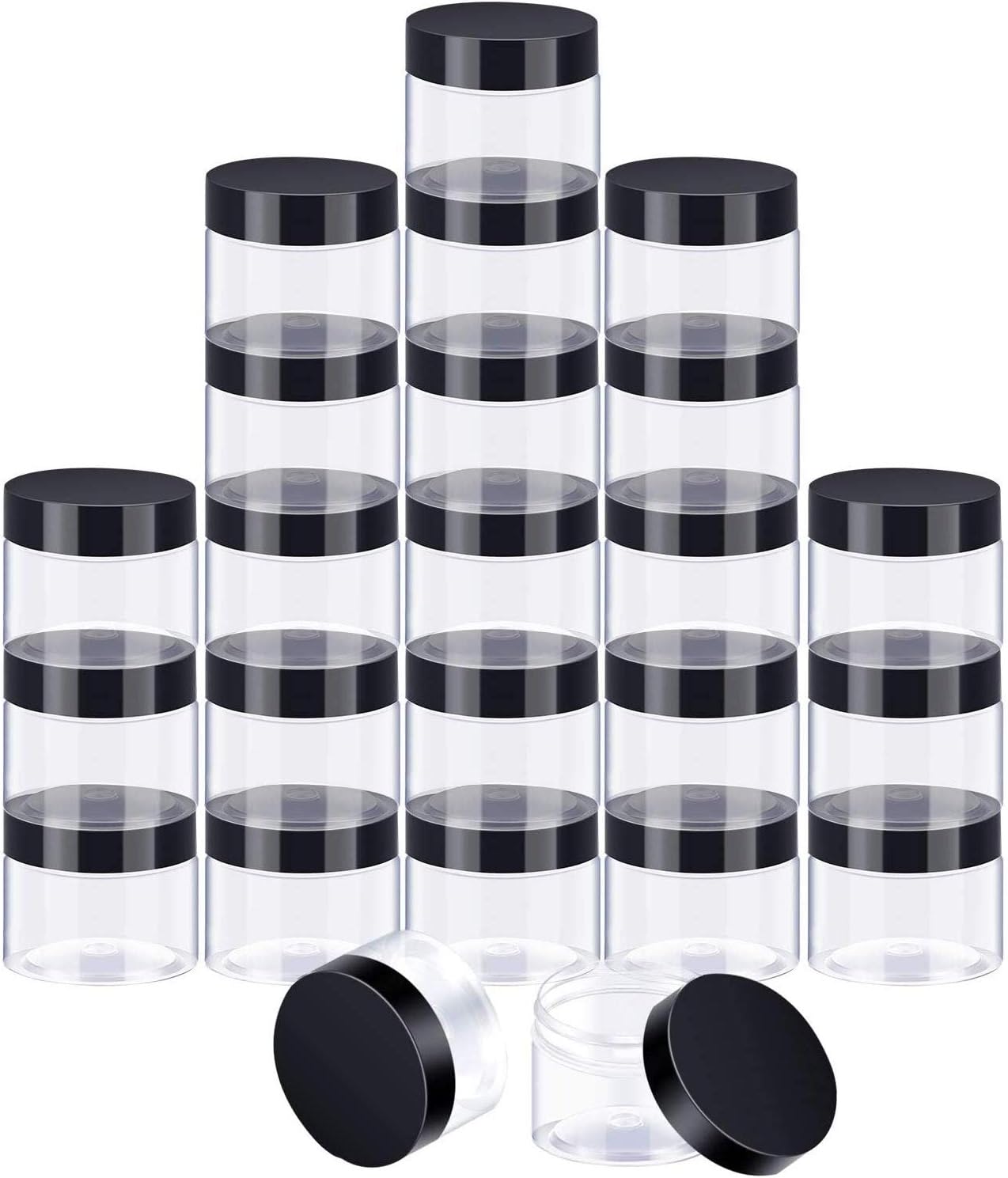 SATINIOR 24 Pieces Empty Clear Plastic Jars with Lids Round Storage Containers Wide-Mouth for Beauty Product Cosmetic Cream Lotion Liquid Butter Craft and Food (Black Lid, 2 oz)