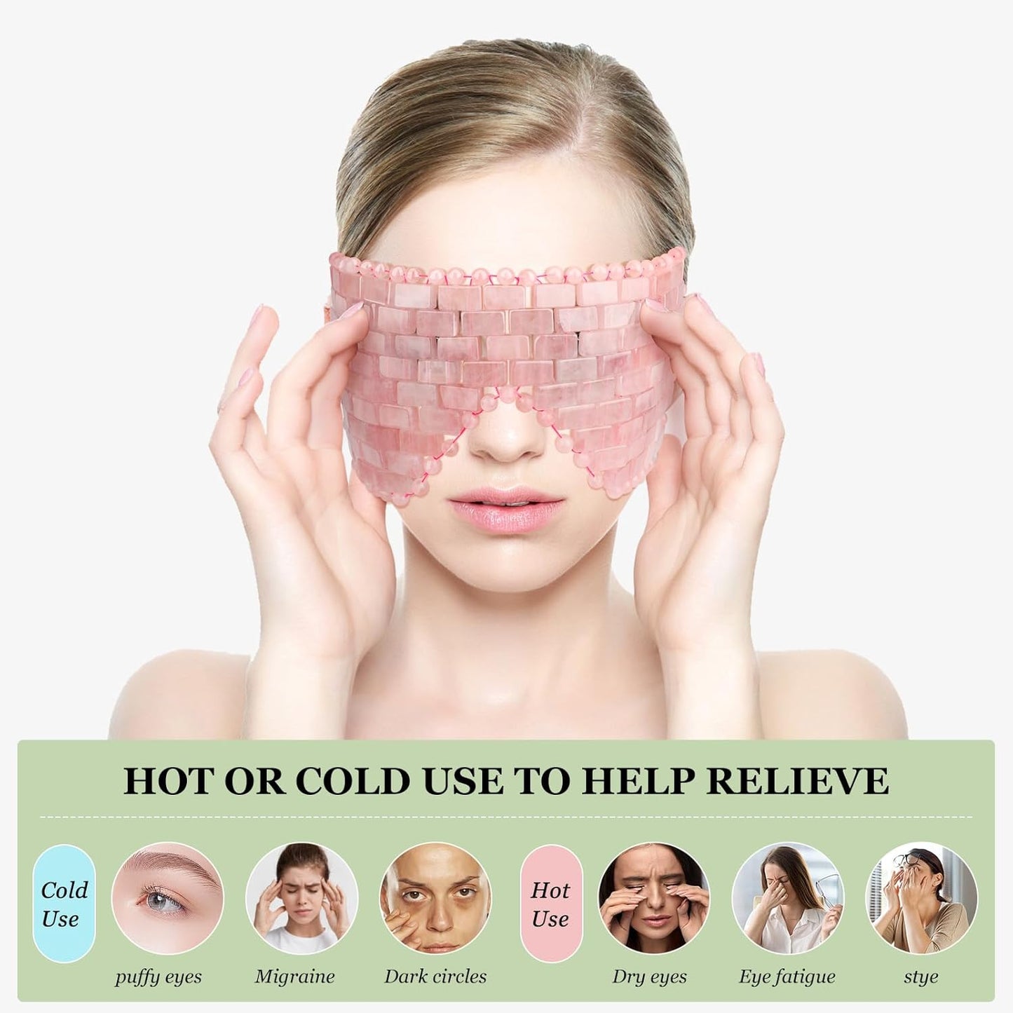 Natural Jade Eye Mask and Rose Quartz Eye Mask Set - Soothing & Relaxing Alleviate Puffiness and Migraines with Cooling and Warming Therapy (2 Pcs)