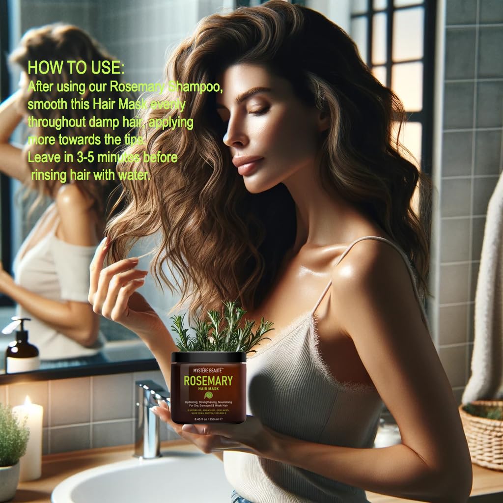 Rosemary Hair Treatment - with Collagen, Biotin, Argan Oil for Dry, Damaged, Curly Hair - Strengthening Deep Conditioner for Split Ends & Growth - 8.45 fl oz