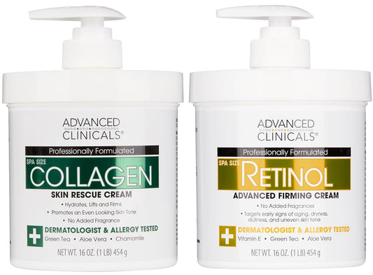 Advanced Clinicals Retinol Body Lotion + Collagen Cream Fragrance Free Face Moisturizer & Body Cream 2pc Skincare Set For Women & Men Helps Reduce Appearance Of Crepey Skin, Wrinkles, & Dry Skin, 2pc