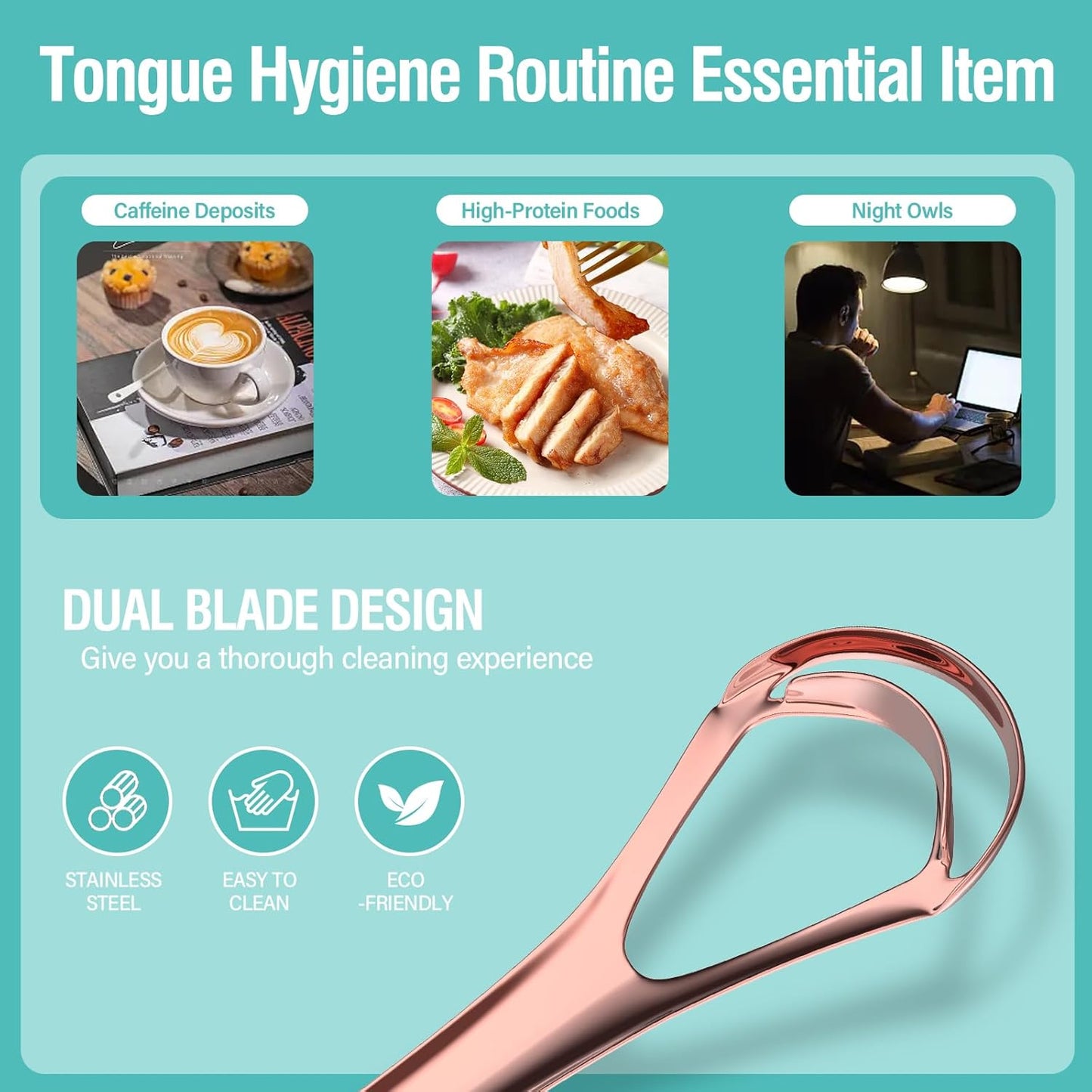 RONAVO Tongue Scraper for Adult with Thick Tongue Coating, Dual Scraper Design for Deep Clean Oral Care, Remove Bad Breath, for The Coffee Lover, Night Owls, Elderly, 2 Colors