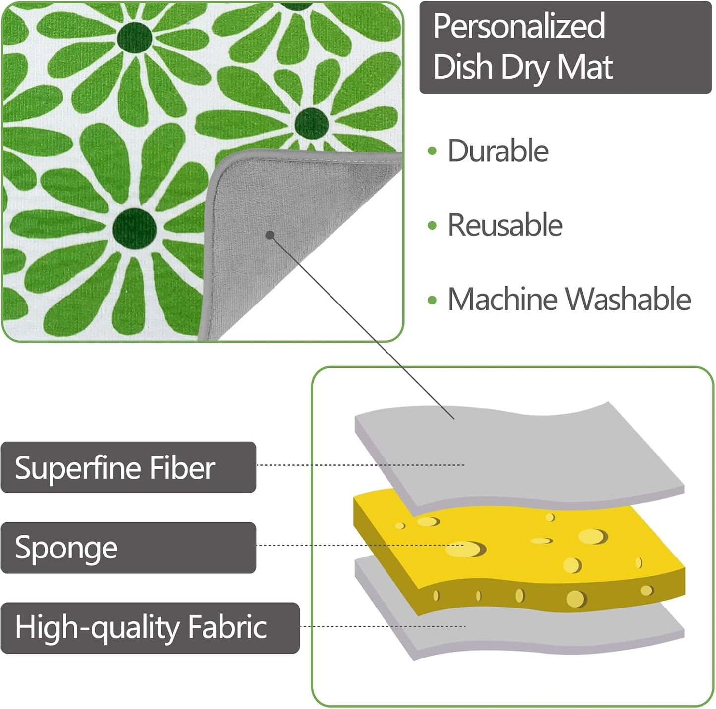 SHIYUE Dish Drying Mat for Kitchen Counter Super Absorbent Spring Kitchen Decor Microfiber Drying Matainers Rack Fast Pad Dish Drainer Mats(Cute Green Flower,16''x18'')