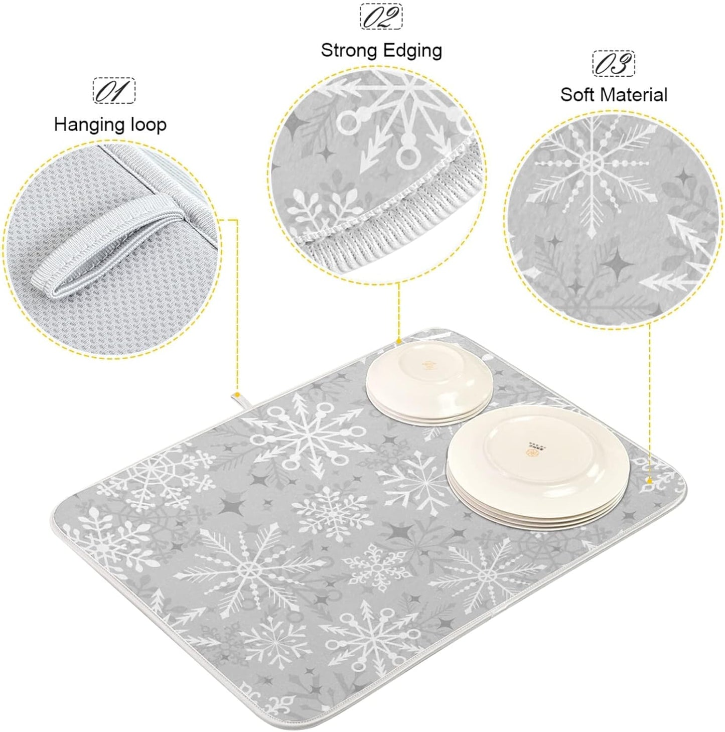 Christmas Silver Snowflake Microfiber Dish Drying Mat 18'' x 24'' for Kitchen Counter Drying Pad Dish Drainer Mats Absorbent Dish Draining Mat Extra Large
