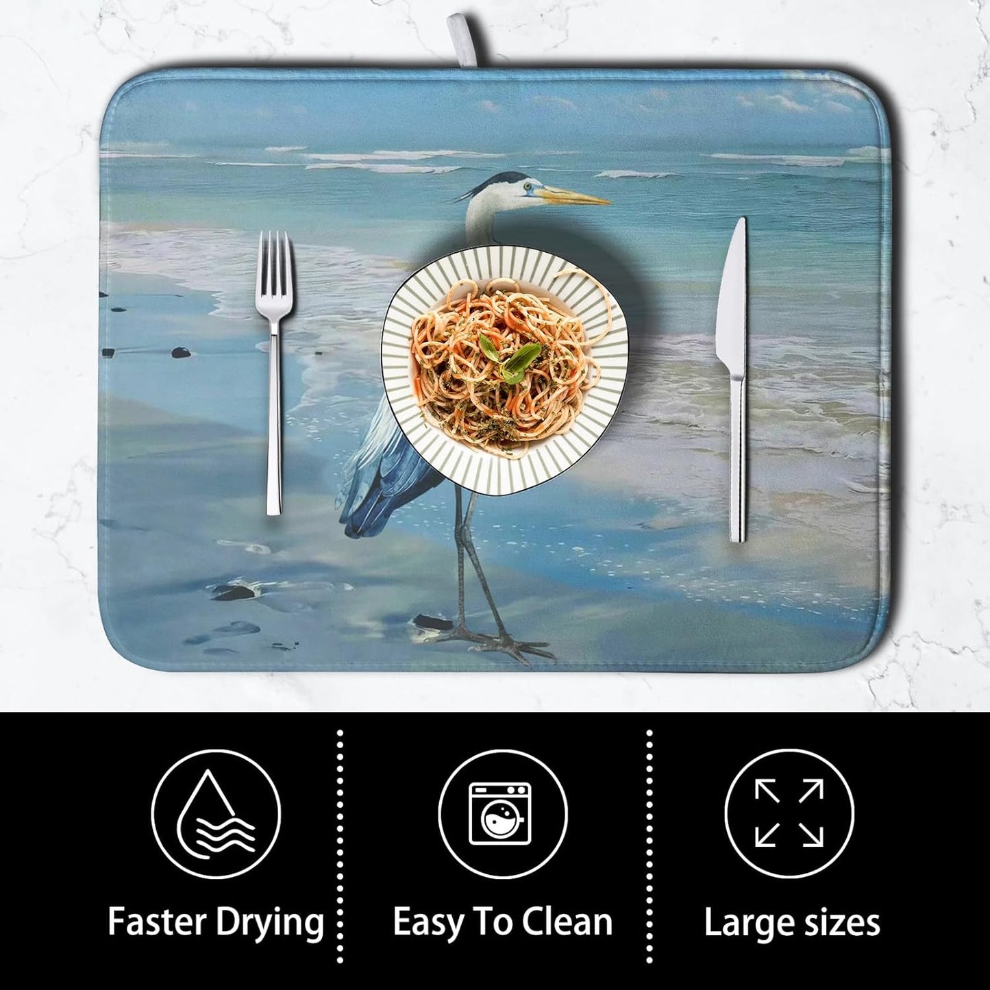 Summer Blue Dish Drying Mat for Kitchen Counter 16x18 Inch Heron Coastal Beach Drying Mats Nautical Ocean Bird Dishes Drainer Mats Microfiber Absorbent Dish Rack Pad