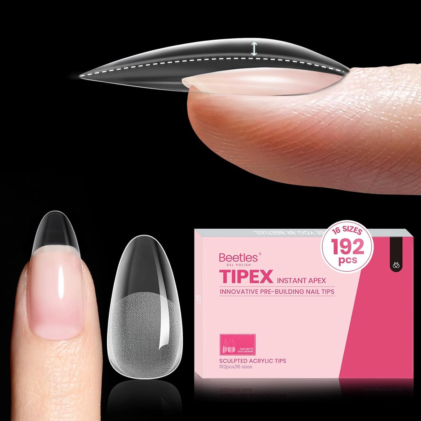 Beetles Tipex Instant Apex Nail Tips, Medium Oval Almond Acrylic Nails 192 Pcs Pre-Building Pre-Etched Thicker Gel Nail Tips - 16 Sizes Strong Full Cover False Nail