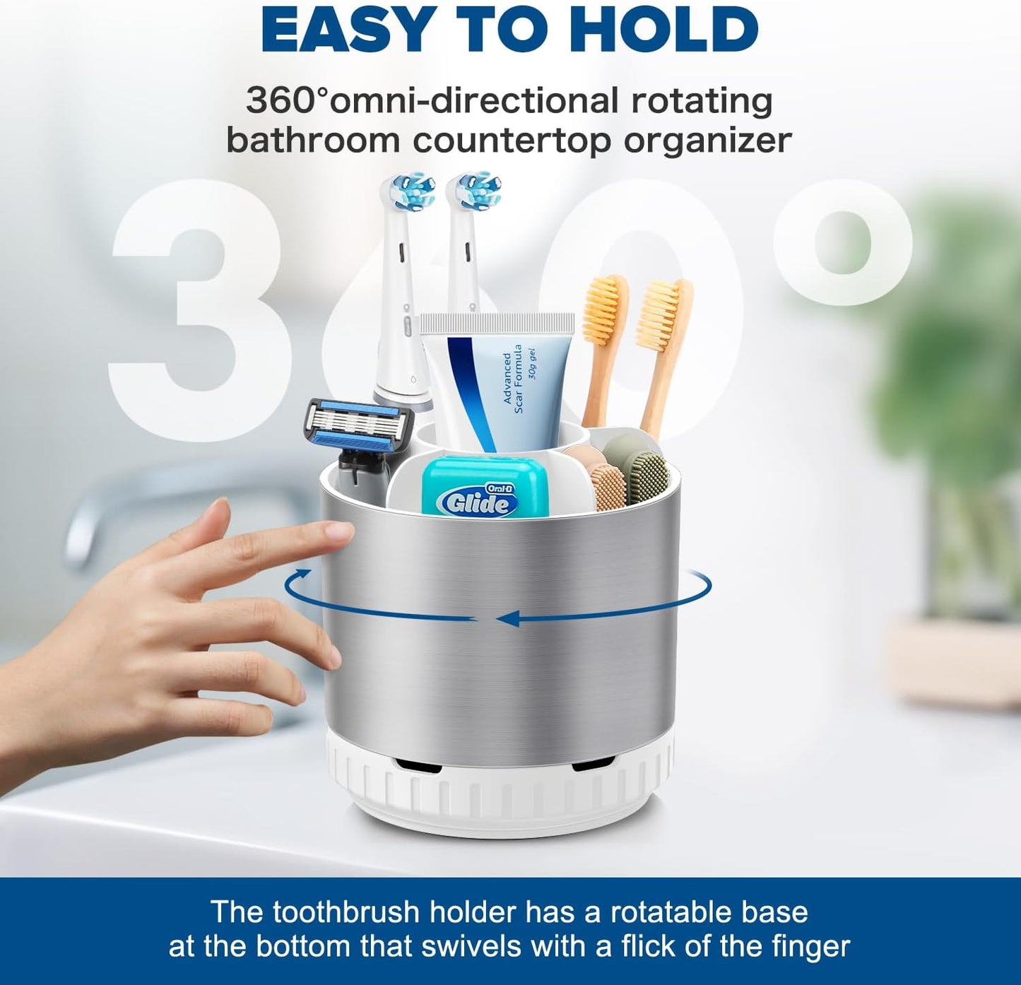 Silver Toothbrush Holders for Bathrooms Countertop Organizer - Kids Electric Toothbrush and Toothpaste Holder Rotating Tooth Brush Organization Bathroom Sink Accessories Storage Caddy