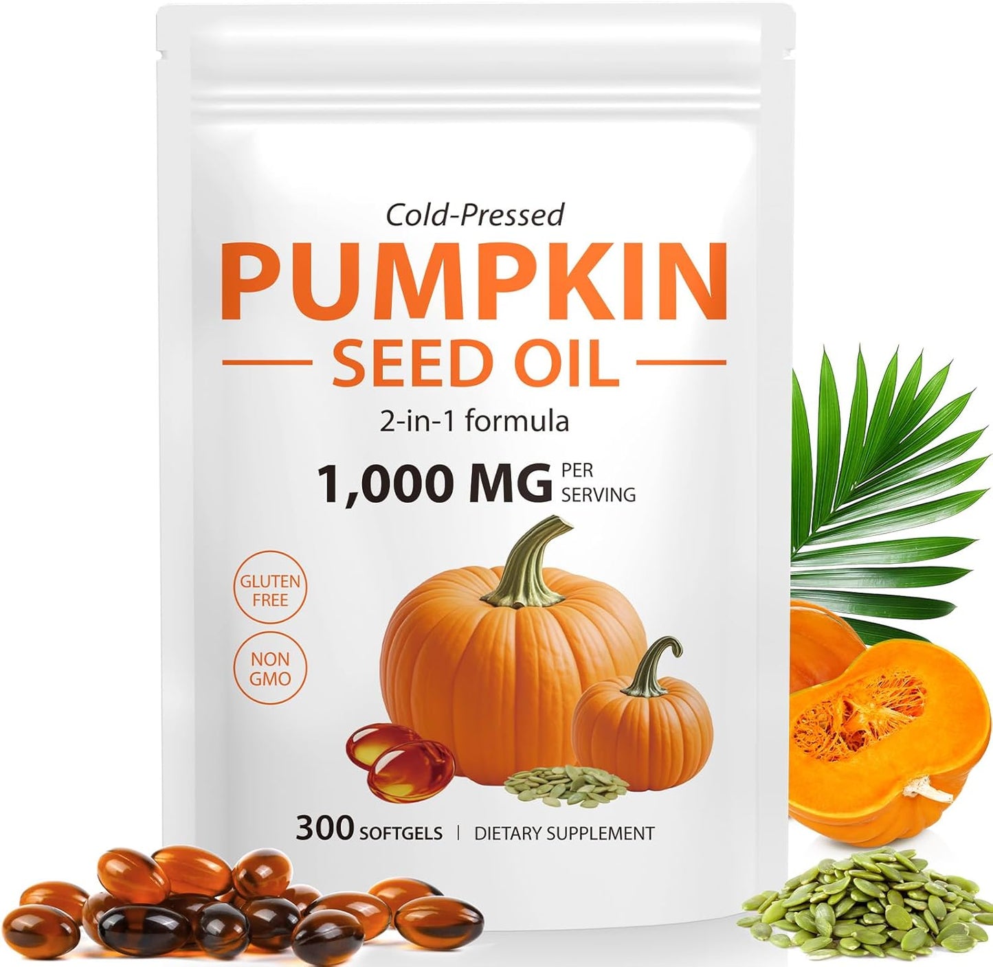 Pumpkin Seed Oil Capsules 300 Count, 2 in 1Pumpkin Seed Extract, Cold Pressed, Non-GMO, Essential Fatty Acids & Phytosterols for Hair Growth, Urinary, Bladder & Prostate Health