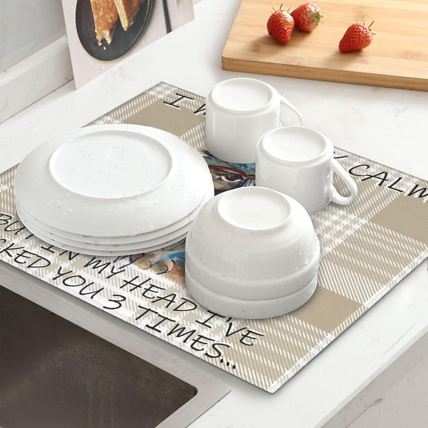 Funny Owl Dish Drying Mat for Kitchen Counter Cute Buffalo Plaid Drying Mat Washable Absorbent Reversible Microfiber Drying Pad Kitchen Accessories 16"x18"