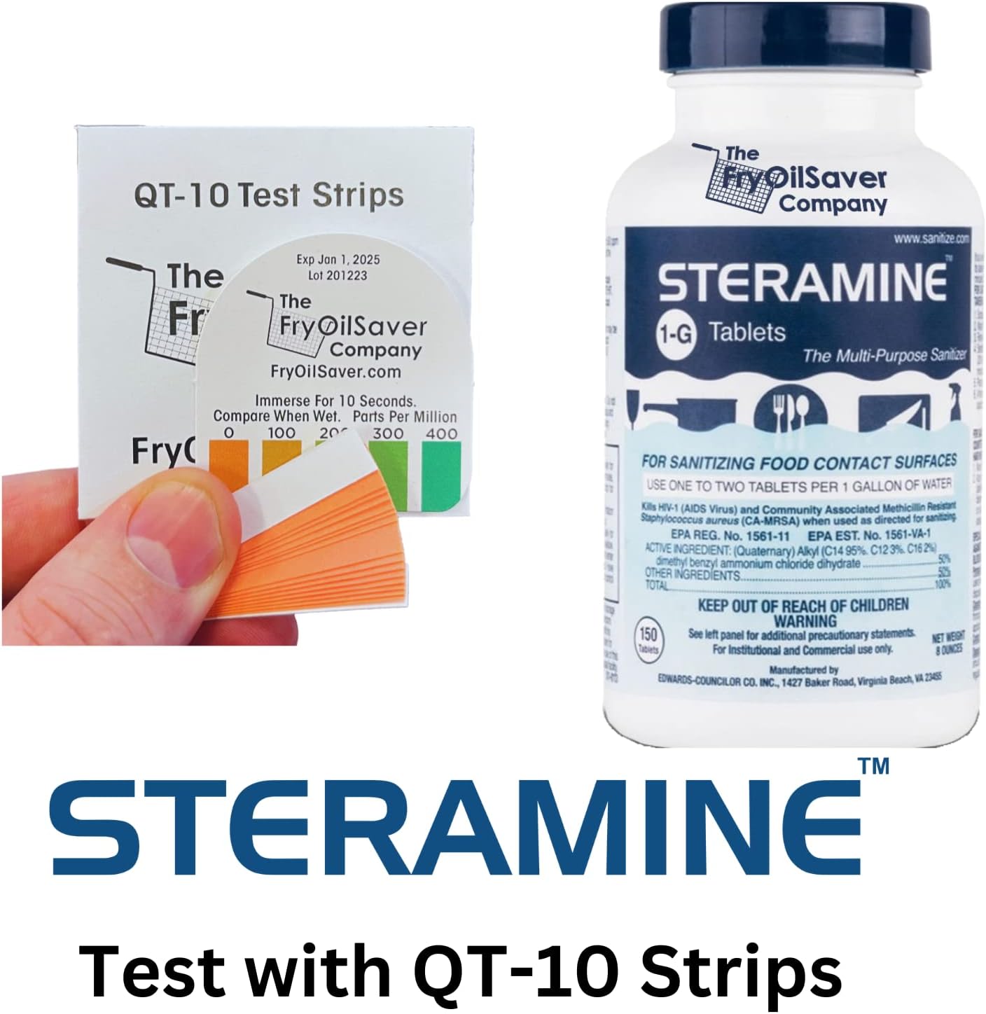 2 Bottles Steramine Sanitizer Tablets - 15x QT-10 Test Strip - Multi Purpose Steramine Sanitizing Tablets for Food Contact Surface in Kitchen, Restaurant & Food Service by FryOilSaver Co. (300 Count)