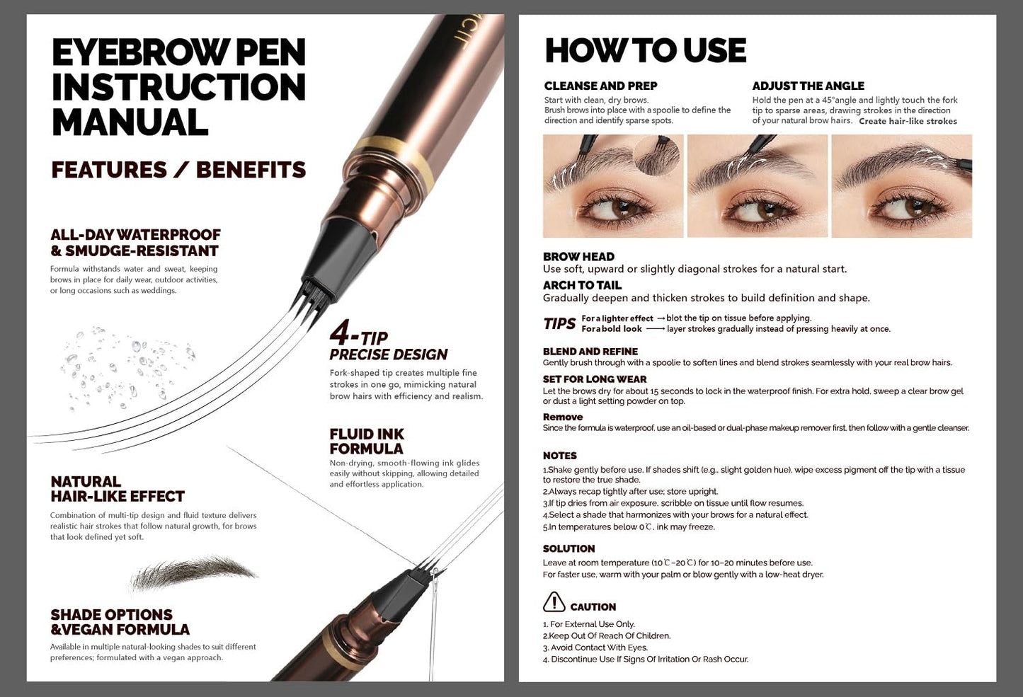 2 Pack Eyebrow Pen, Waterproof Microblading Eyebrow Pencil, 4 Tip Precise Eye Brow Makeup Pen for Women to Effortlessly Create Hair Like Natural Brows, Non Dry Out and Last All Day (Black)