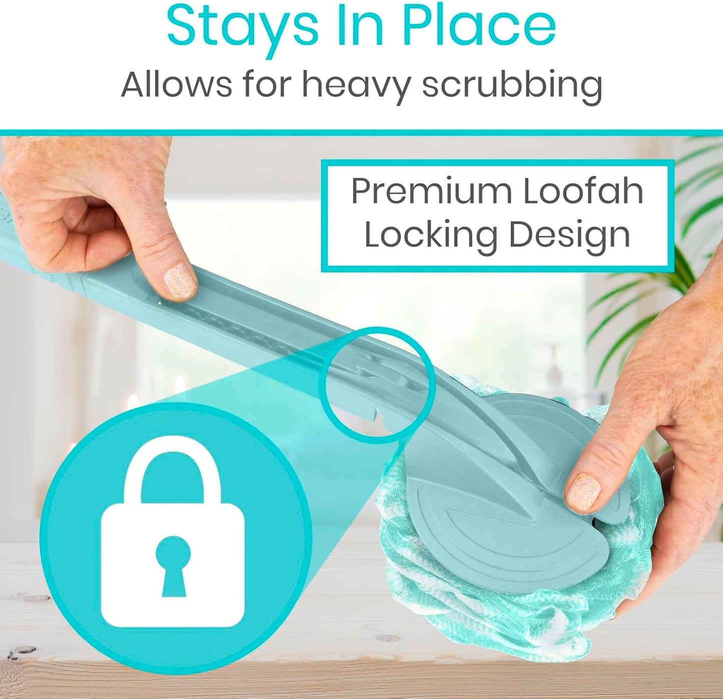 Vive Long Handled Loofah on a Stick - Mesh Back Sponge for Bath, Reusable w/Extra Pouf - Exfoliating Scrubber for Elderly & Disabled, Soft Loofa for Bathing Men & Women